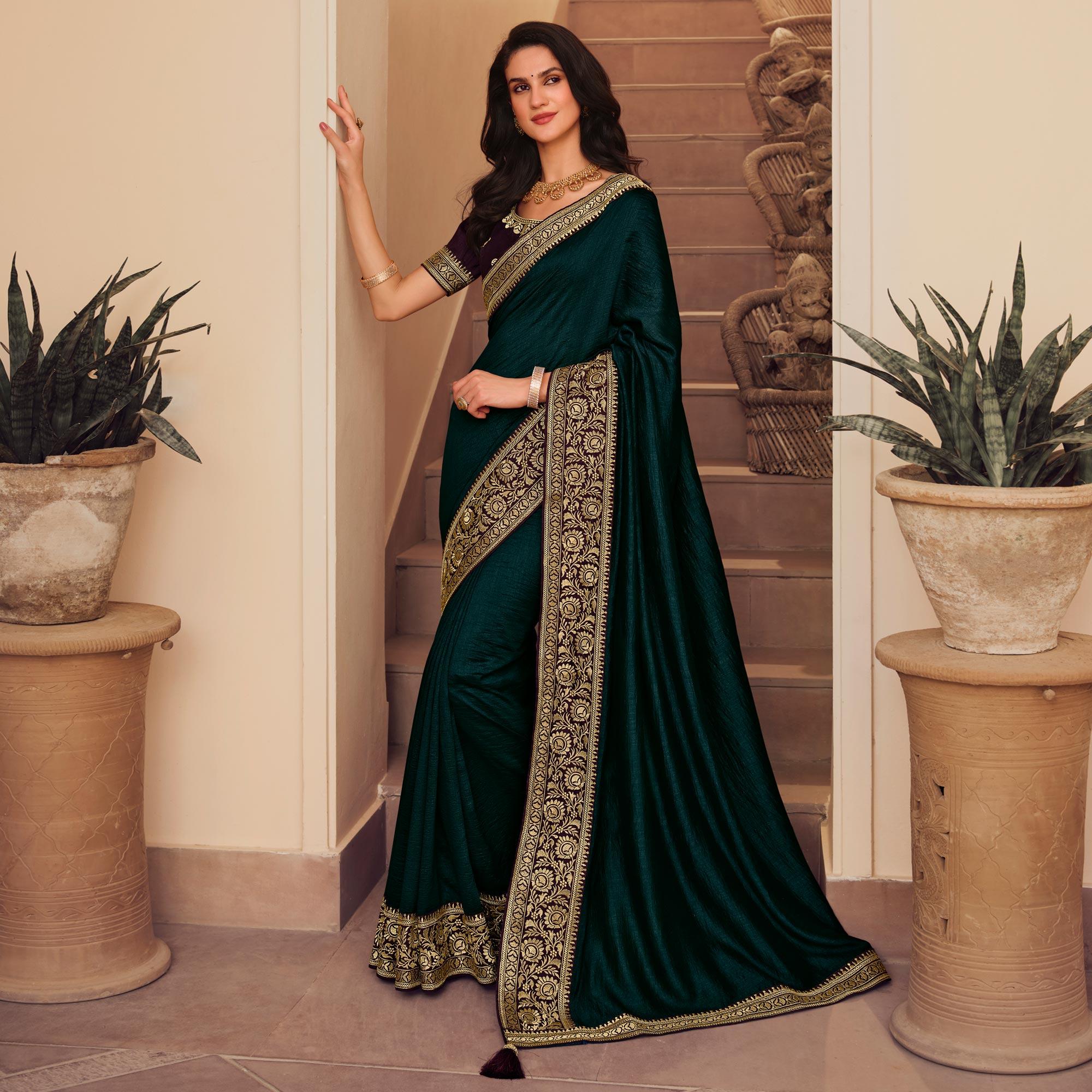 Morpich Solid Vichitra Silk Saree With Tassels - Peachmode