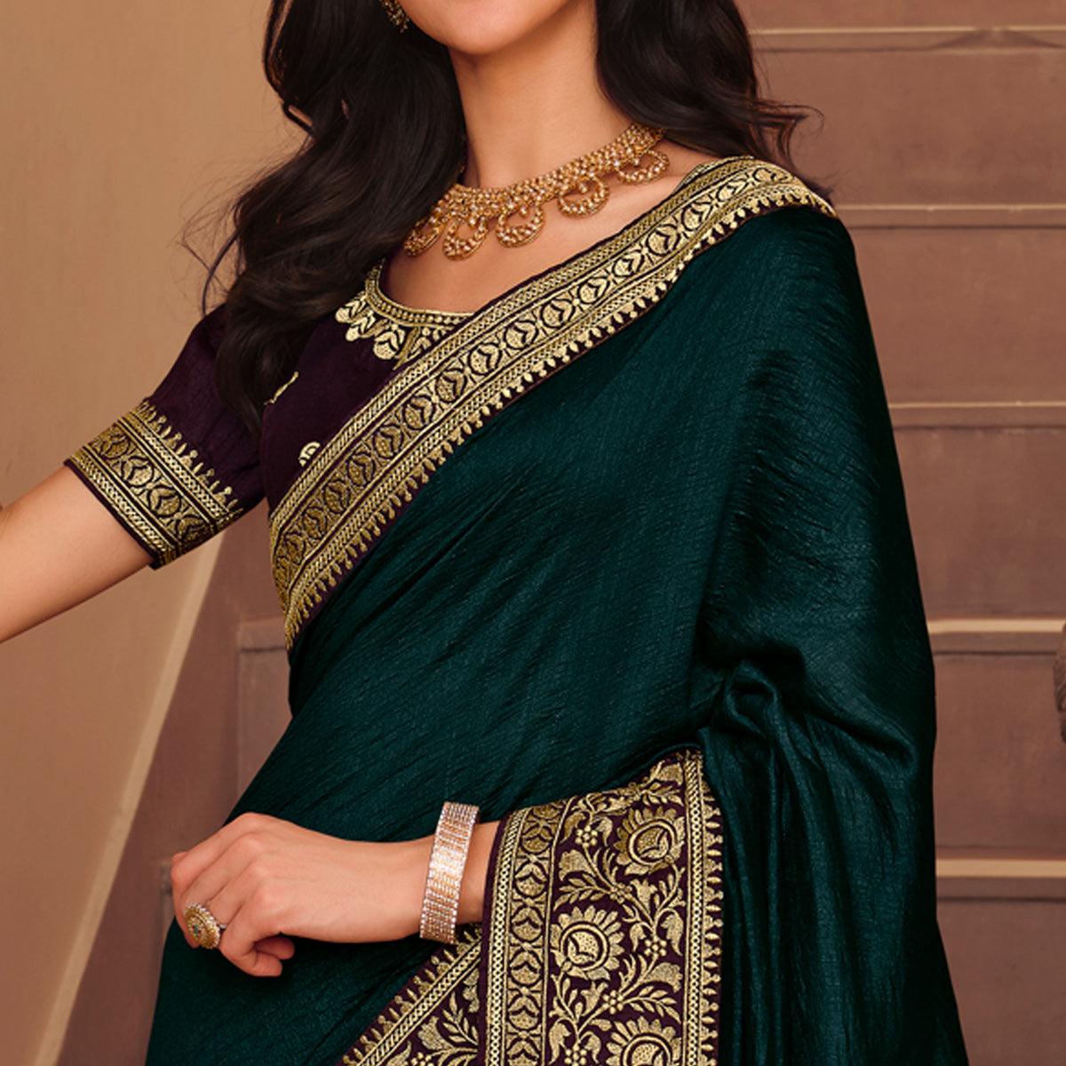 Morpich Solid Vichitra Silk Saree With Tassels - Peachmode