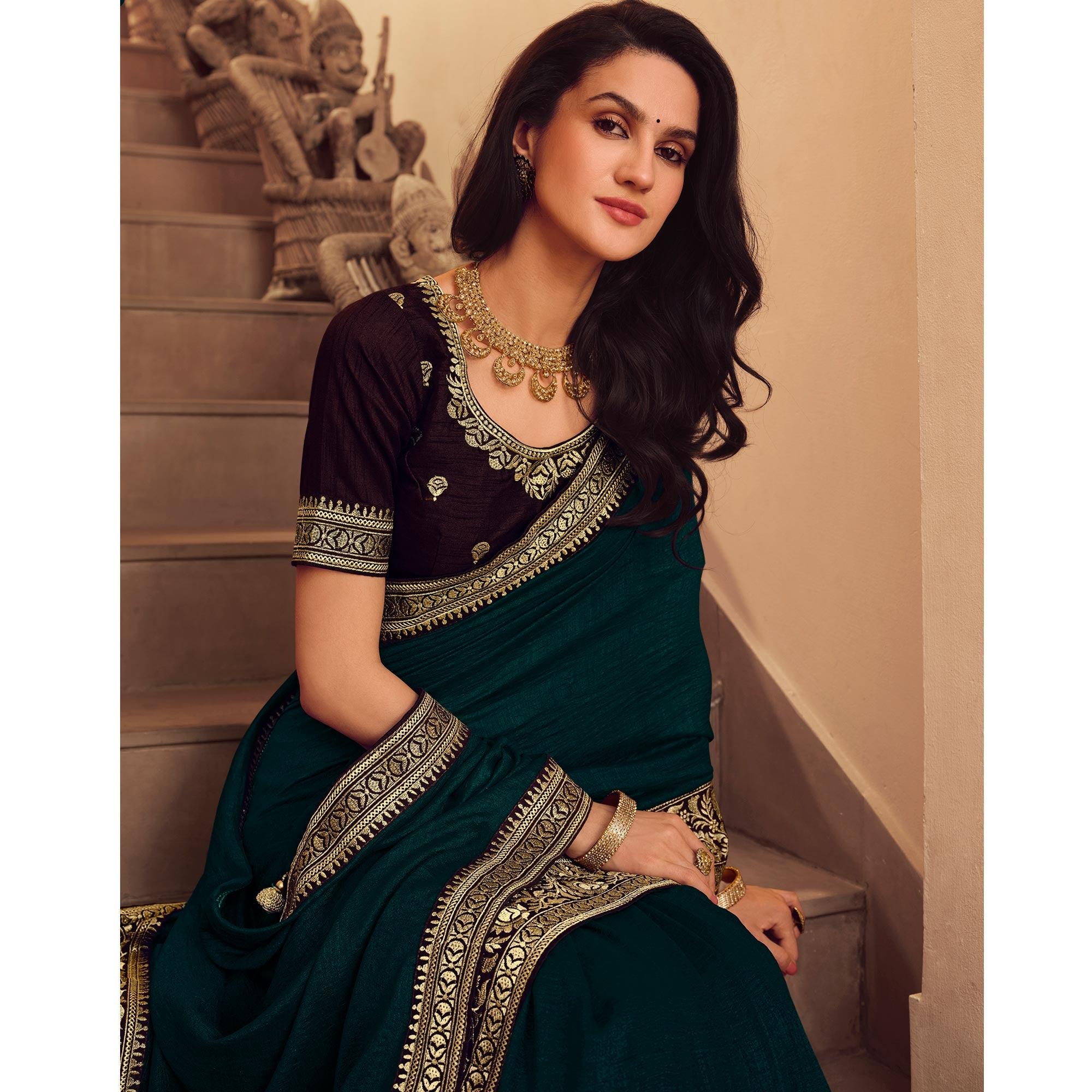 Morpich Solid Vichitra Silk Saree With Tassels - Peachmode