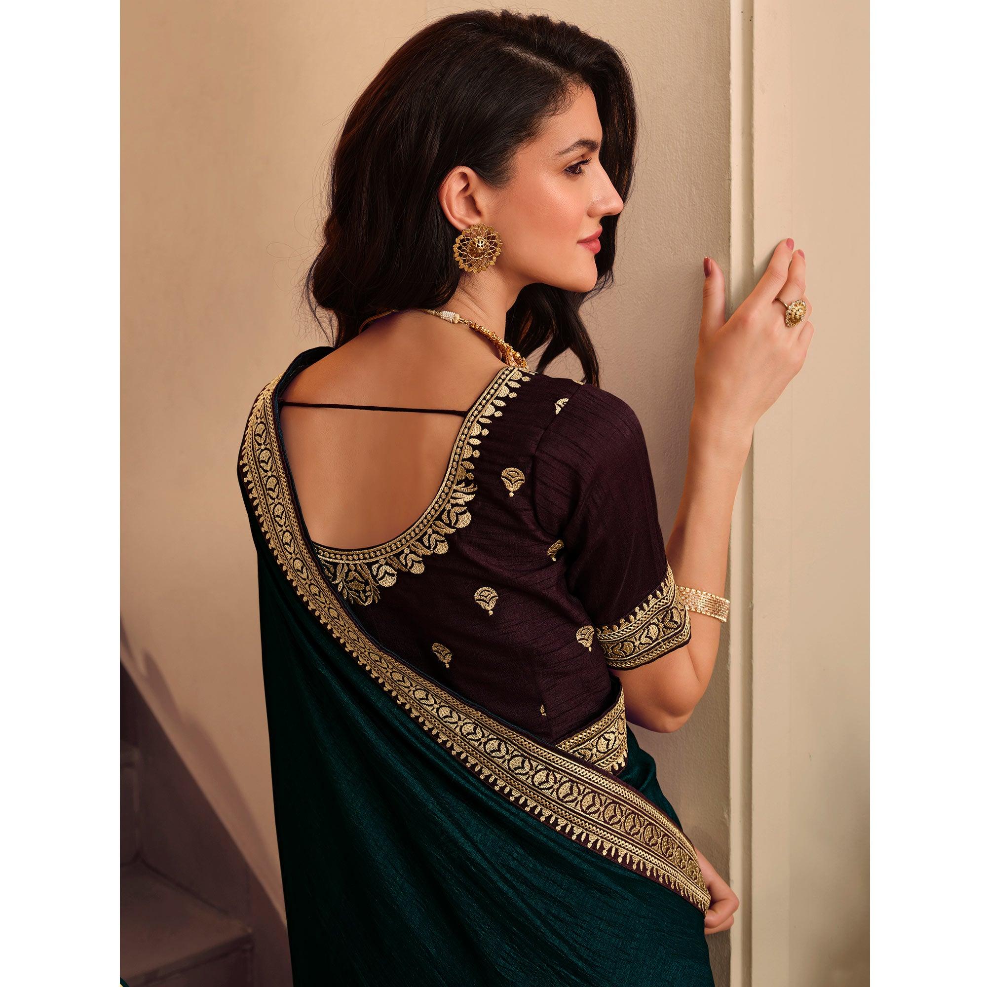 Morpich Solid Vichitra Silk Saree With Tassels - Peachmode