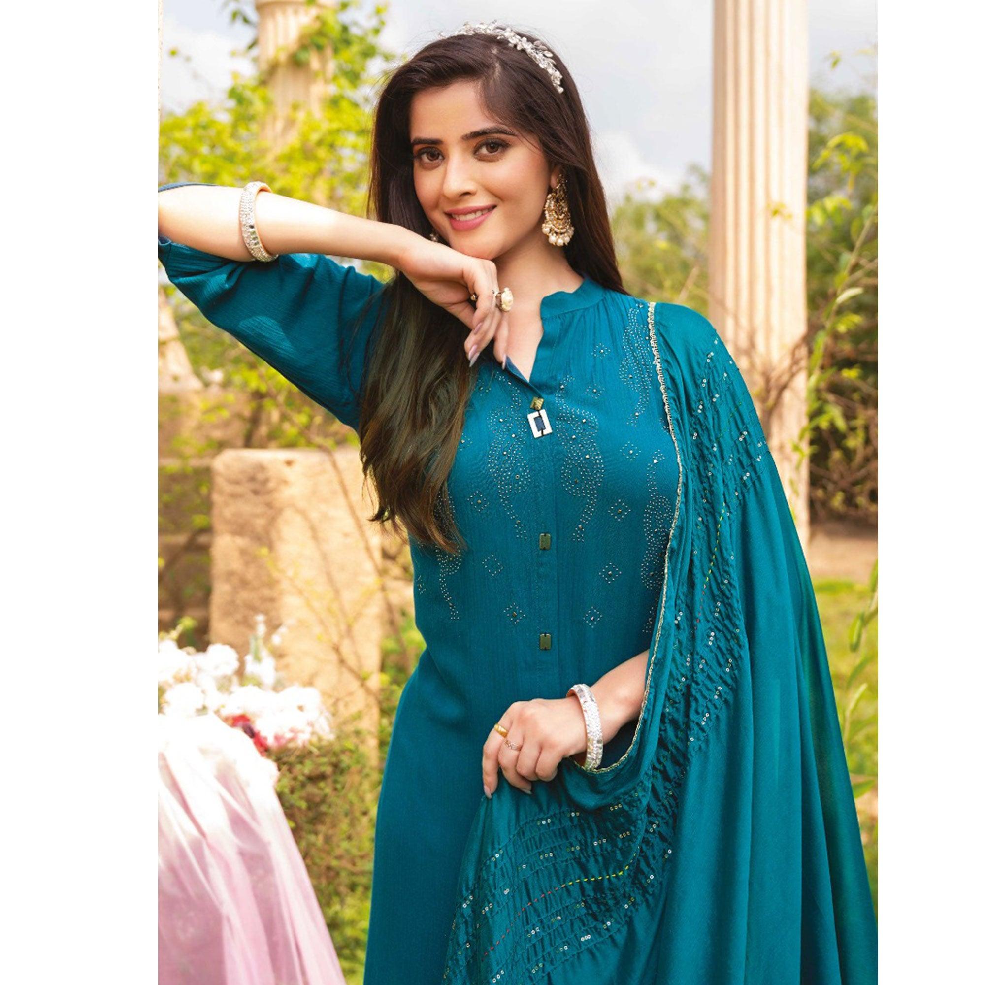 Morpich Swarovski Work Rayon Salwar Suit - Peachmode