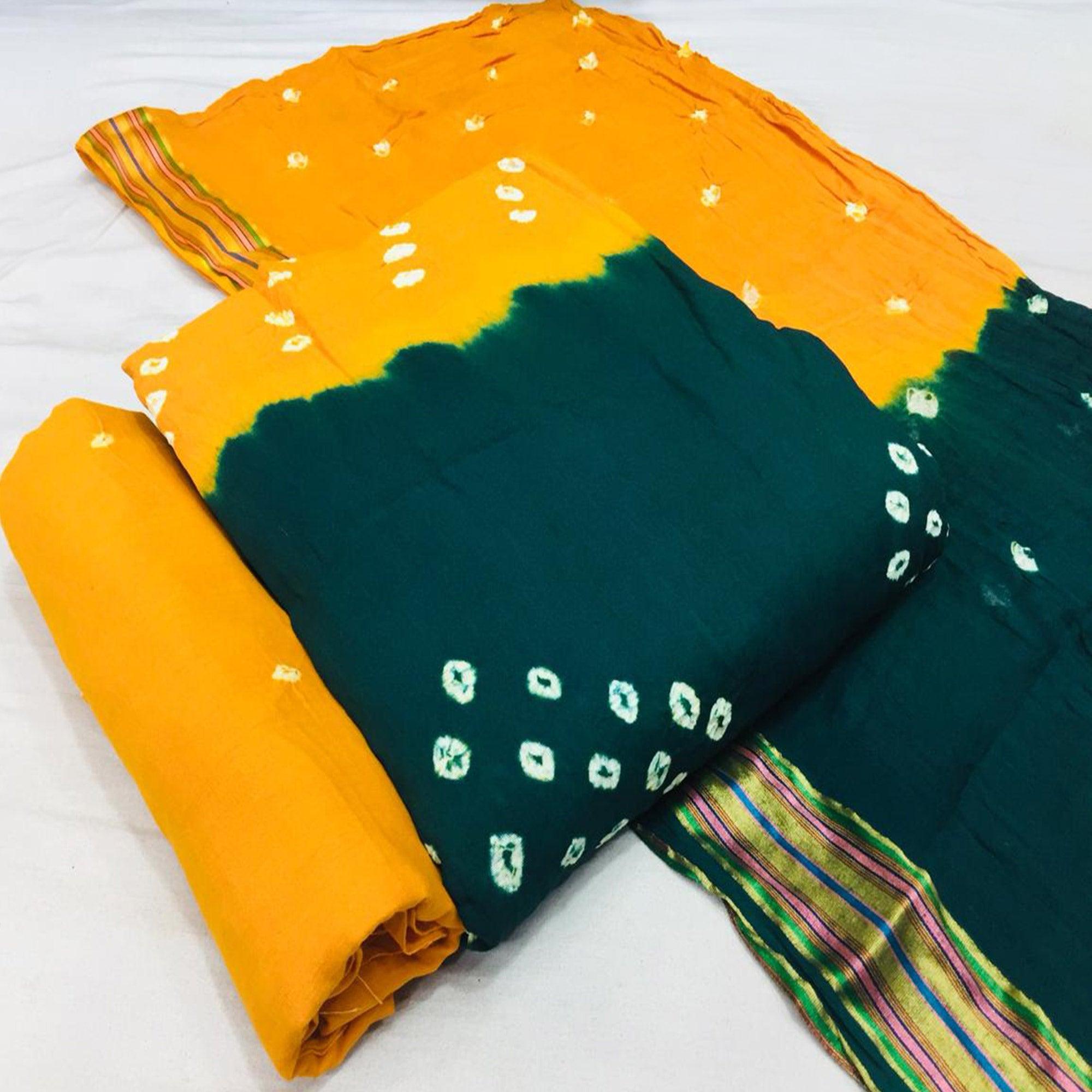 Morpich-Yellow Bandhani Printed Cotton Blend Dress Material - Peachmode