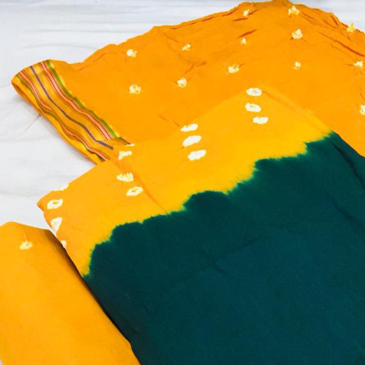 Morpich-Yellow Bandhani Printed Cotton Blend Dress Material - Peachmode