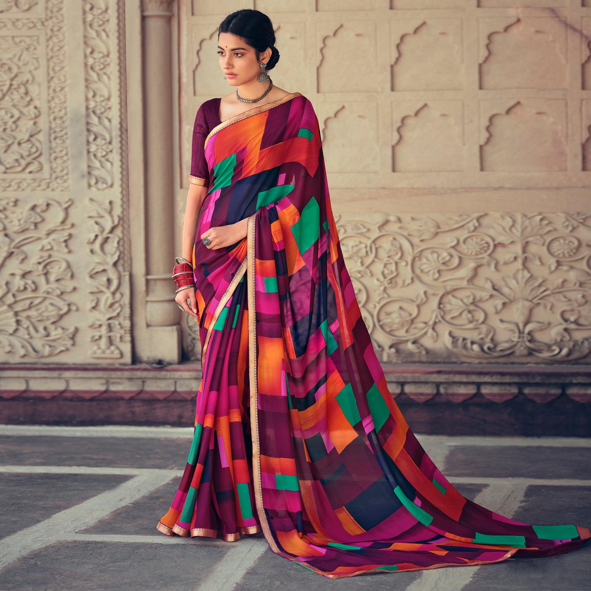 Mulitcolored Casual Wear Geometric Printed Heavy Micro Saree - Peachmode