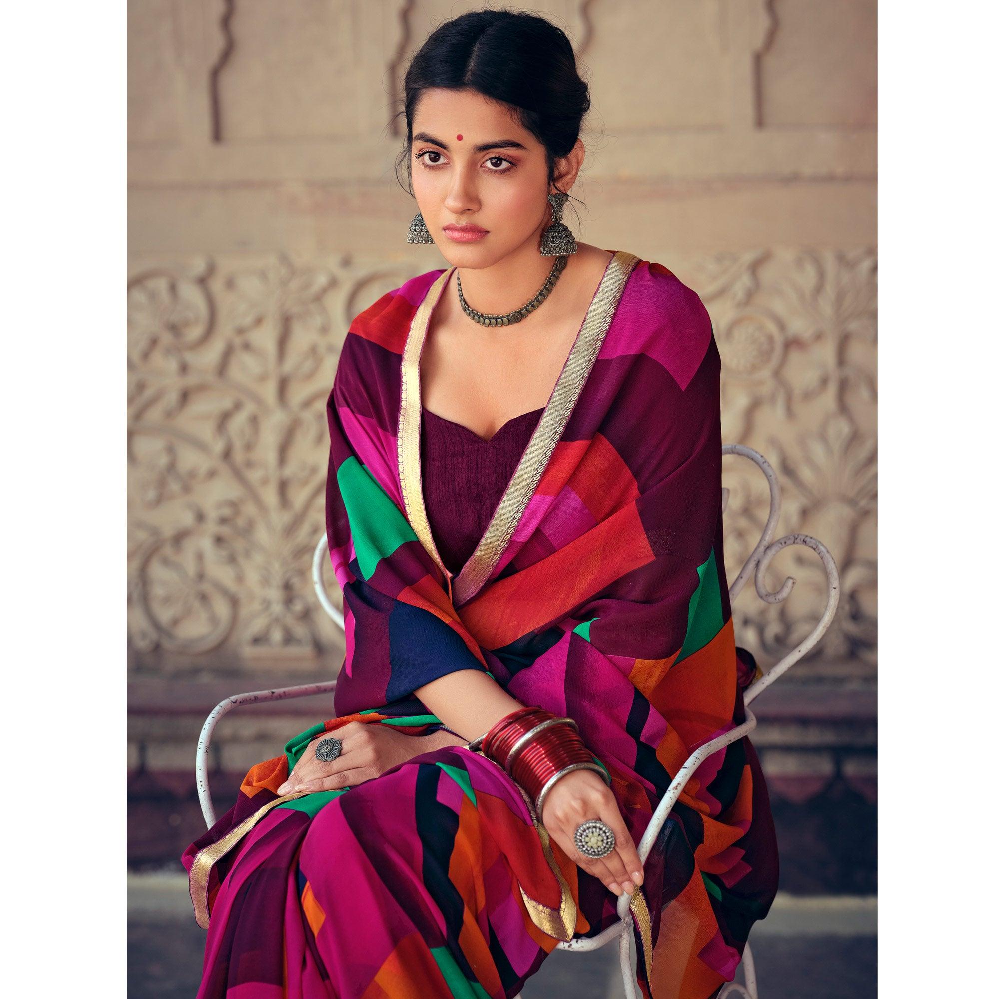 Mulitcolored Casual Wear Geometric Printed Heavy Micro Saree - Peachmode