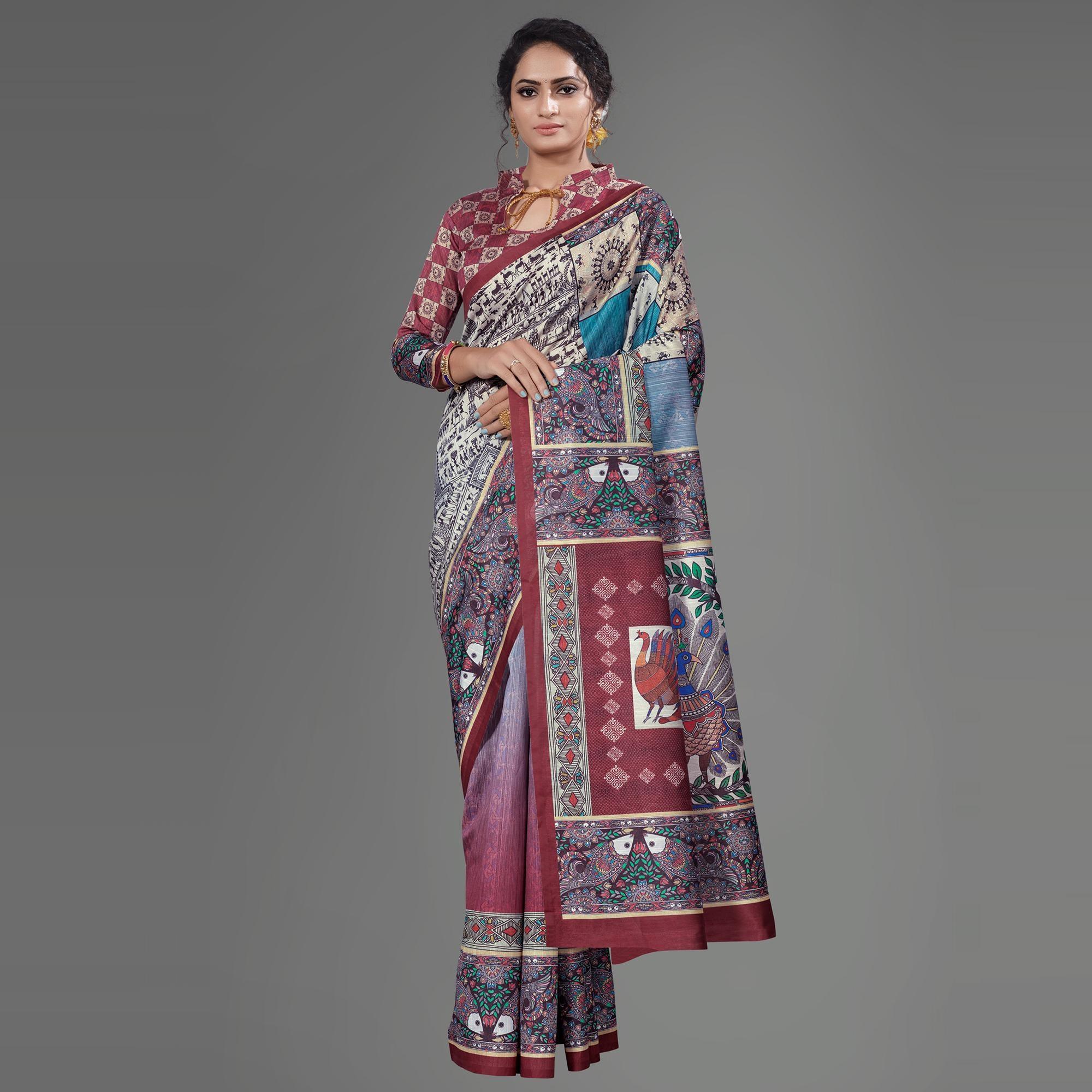 Multi Casual Art Silk Printed Saree With Unstitched Blouse - Peachmode
