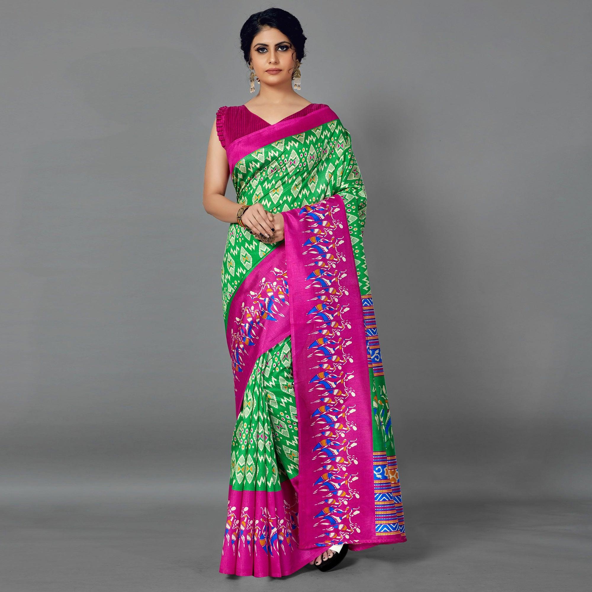 Multi Casual Art Silk Printed Saree With Unstitched Blouse - Peachmode