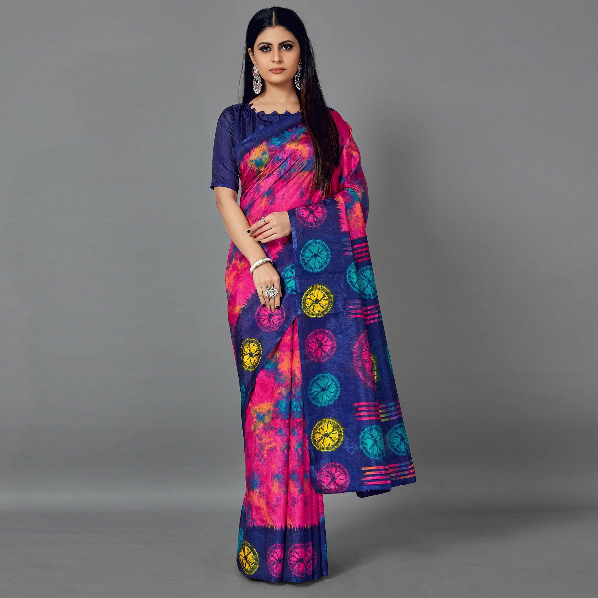 Multi Casual Art Silk Printed Saree With Unstitched Blouse - Peachmode