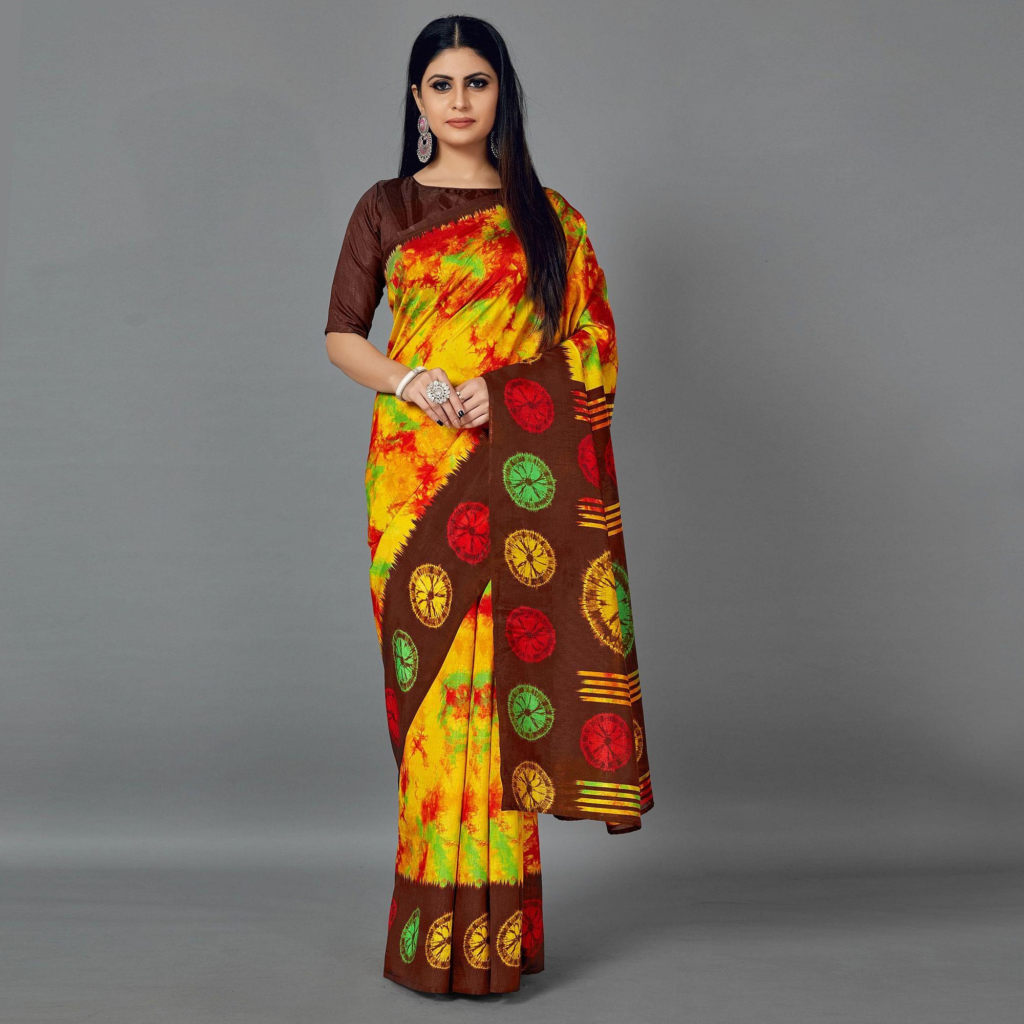 Multi Casual Art Silk Printed Saree With Unstitched Blouse - Peachmode