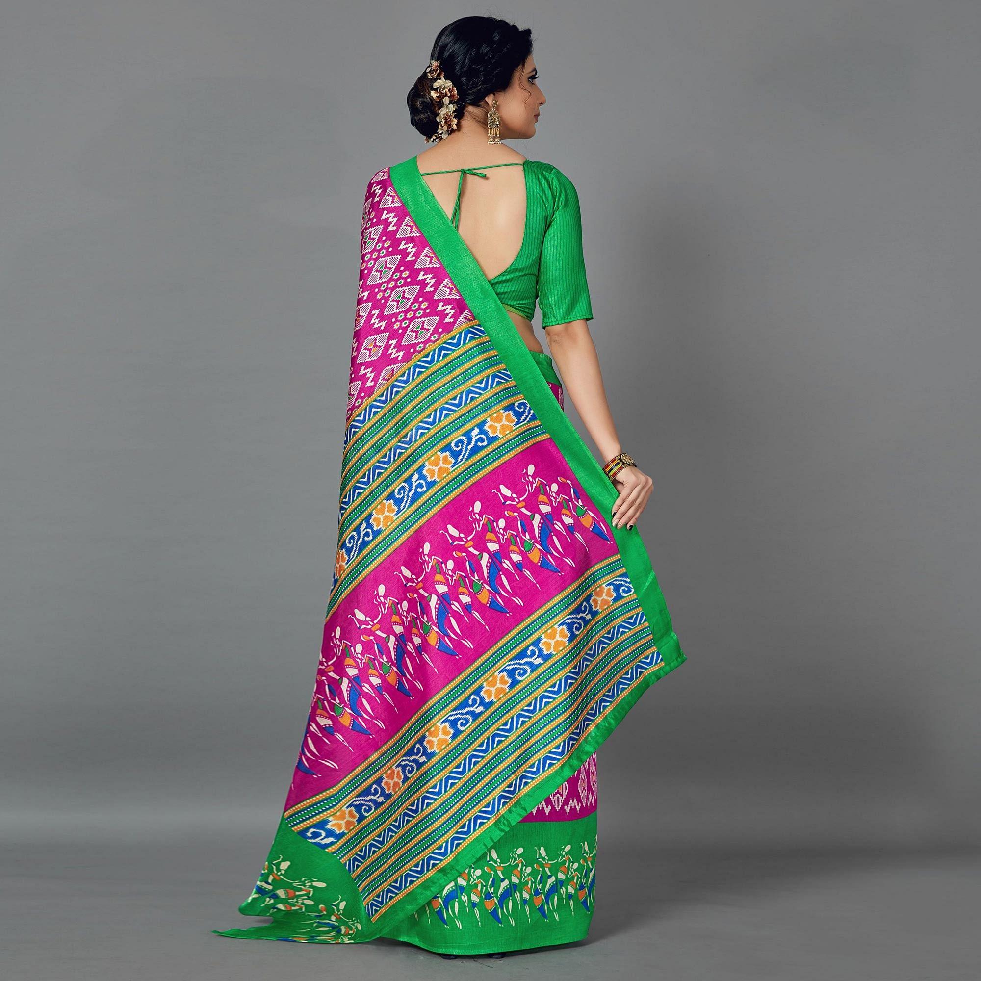 Multi Casual Art Silk Printed Saree With Unstitched Blouse - Peachmode