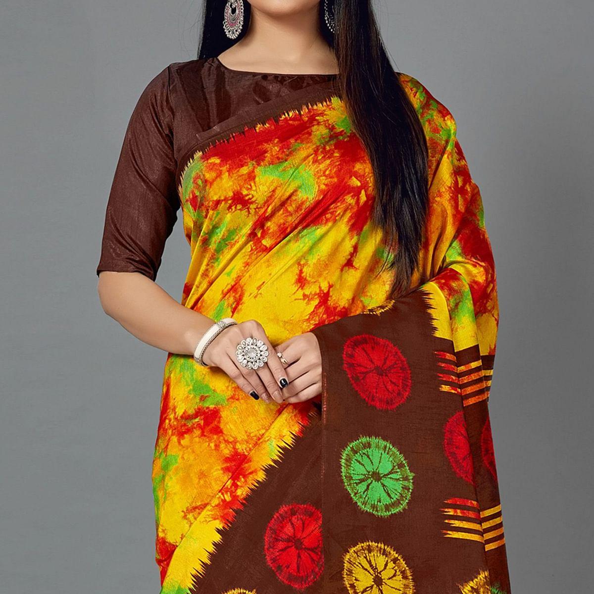Multi Casual Art Silk Printed Saree With Unstitched Blouse - Peachmode