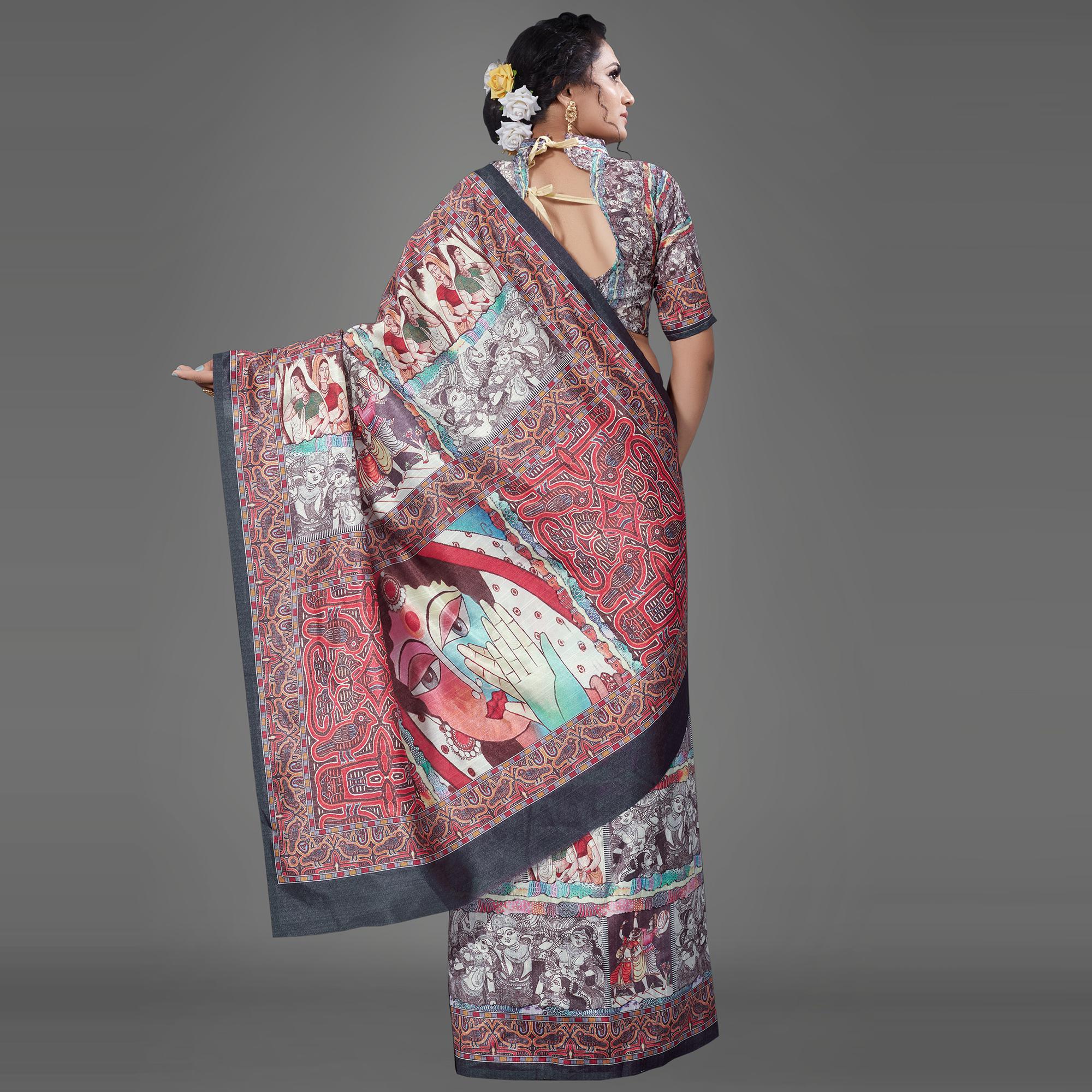 Multi Casual Art Silk Printed Saree With Unstitched Blouse - Peachmode