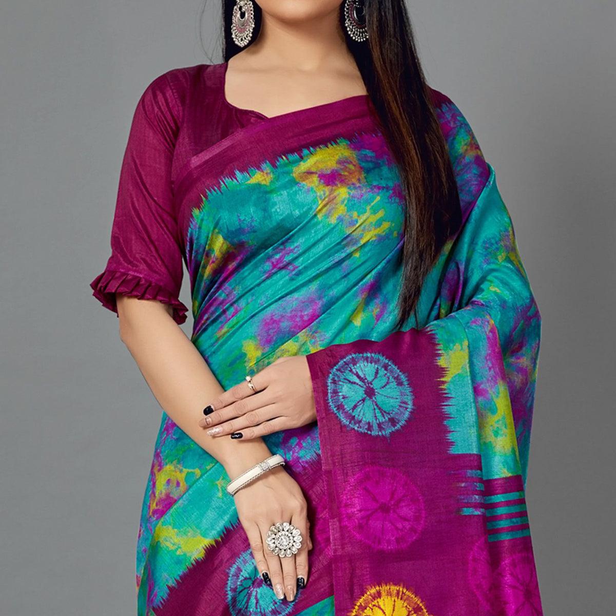 Multi Casual Art Silk Printed Saree With Unstitched Blouse - Peachmode