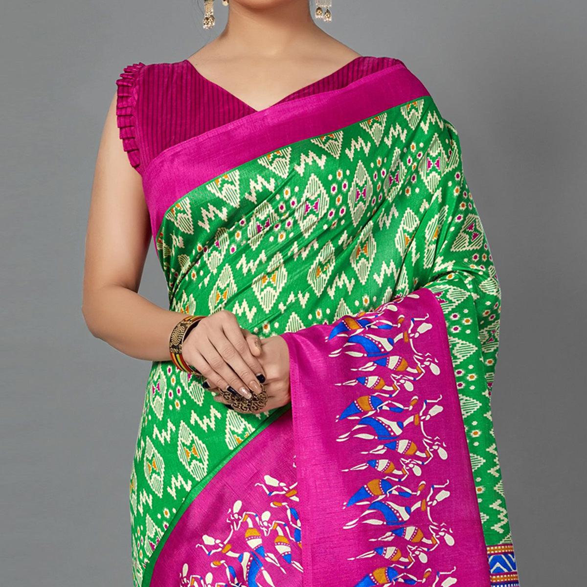 Multi Casual Art Silk Printed Saree With Unstitched Blouse - Peachmode