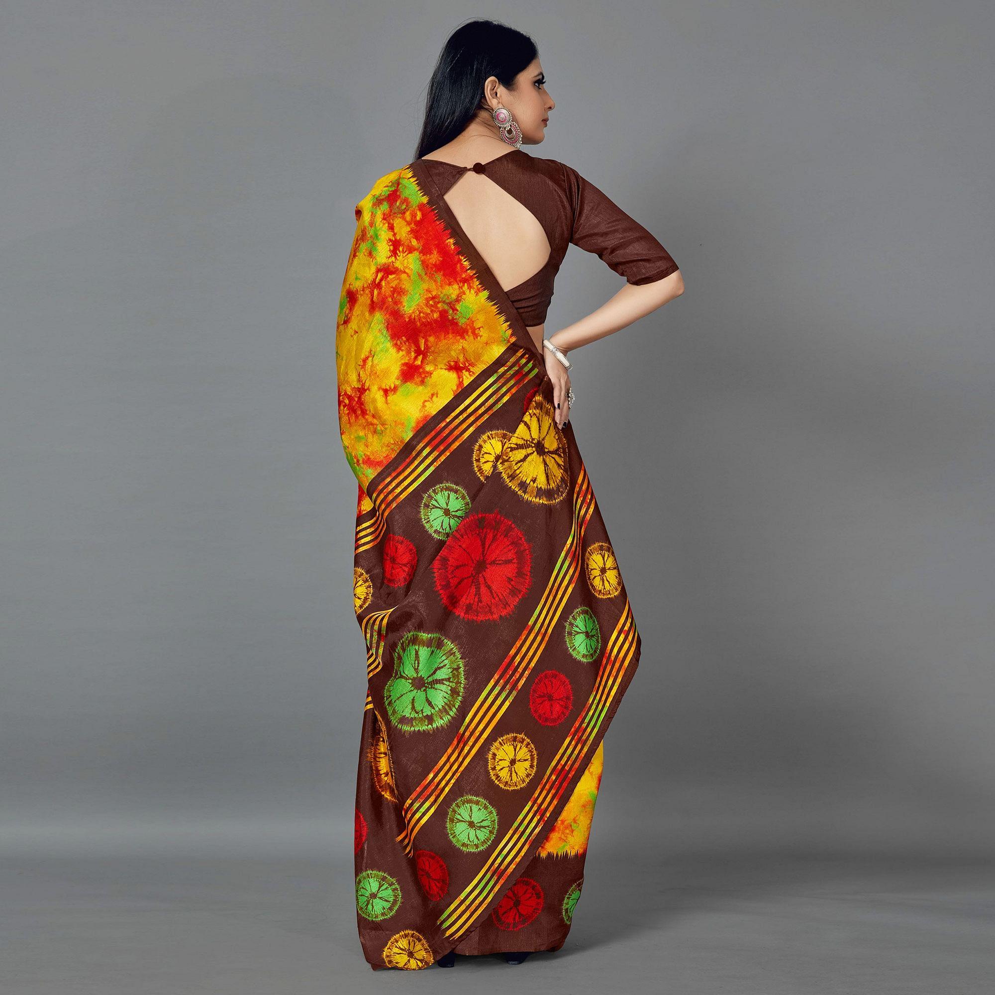 Multi Casual Art Silk Printed Saree With Unstitched Blouse - Peachmode