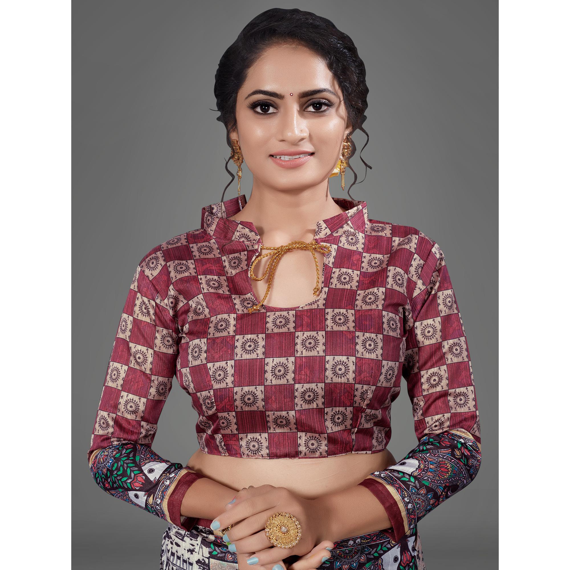 Multi Casual Art Silk Printed Saree With Unstitched Blouse - Peachmode