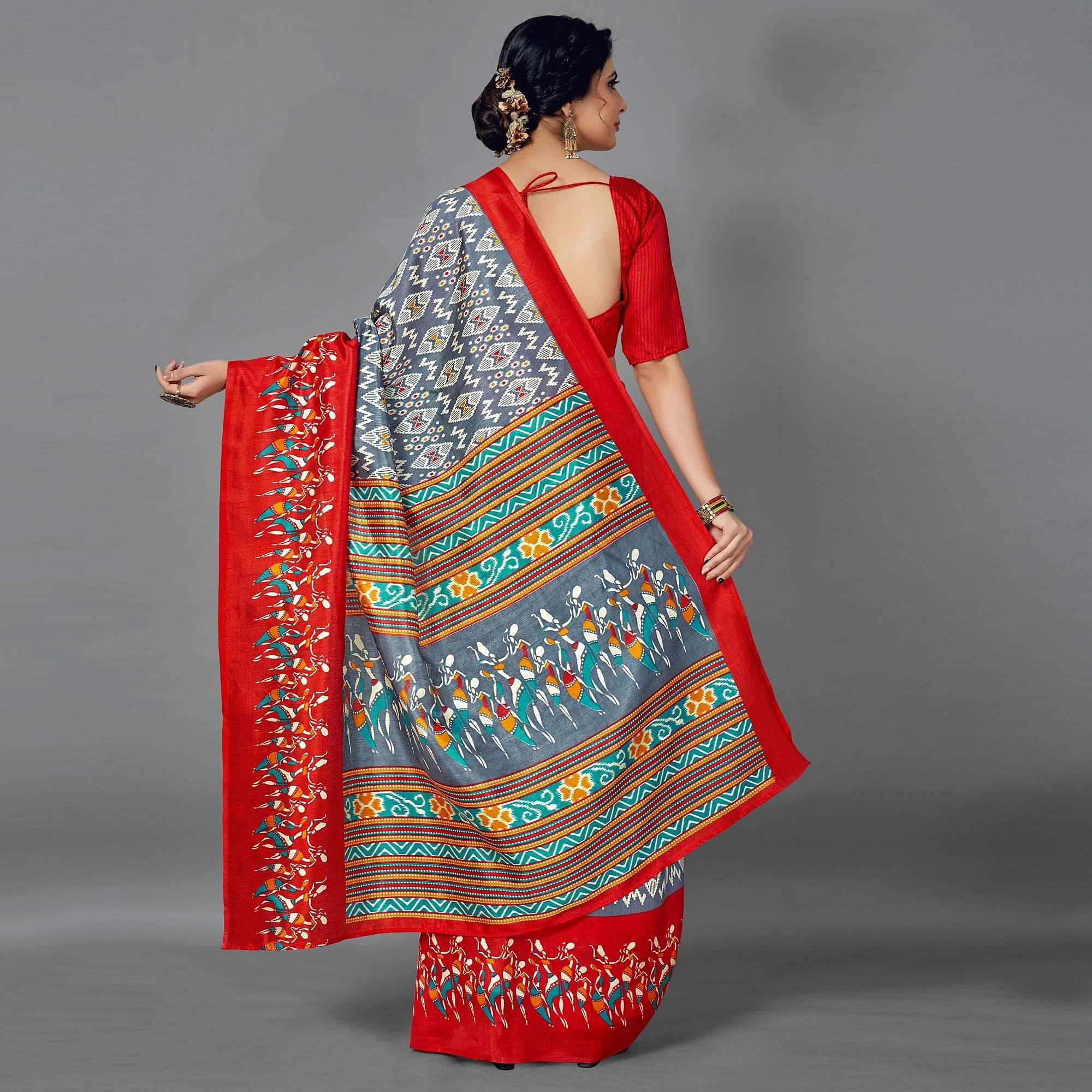 Multi Casual Art Silk Printed Saree With Unstitched Blouse - Peachmode