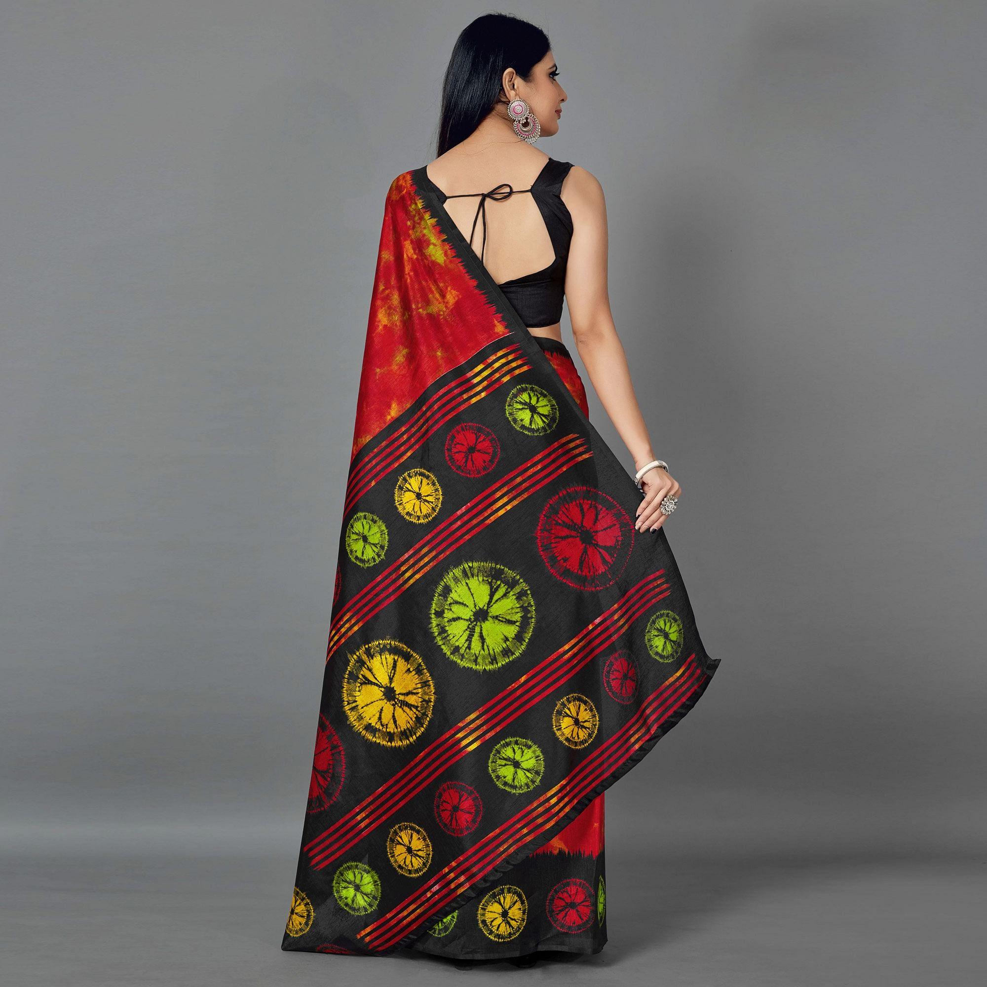 Multi Casual Art Silk Printed Saree With Unstitched Blouse - Peachmode