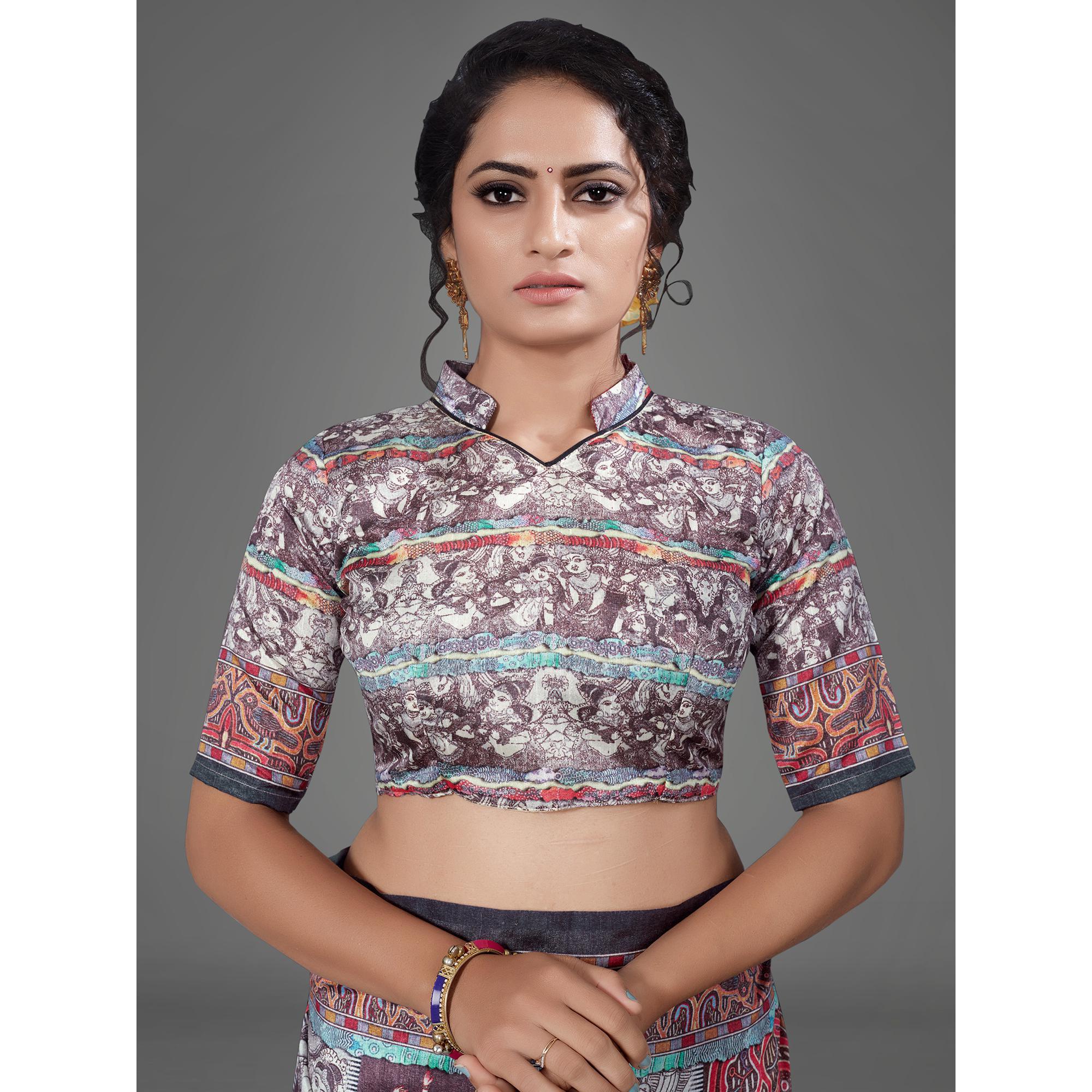 Multi Casual Art Silk Printed Saree With Unstitched Blouse - Peachmode