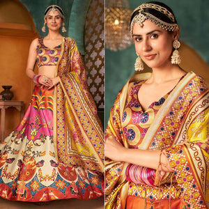Multi Color Printed Pure Silk Lehenga Choli - Peachmode