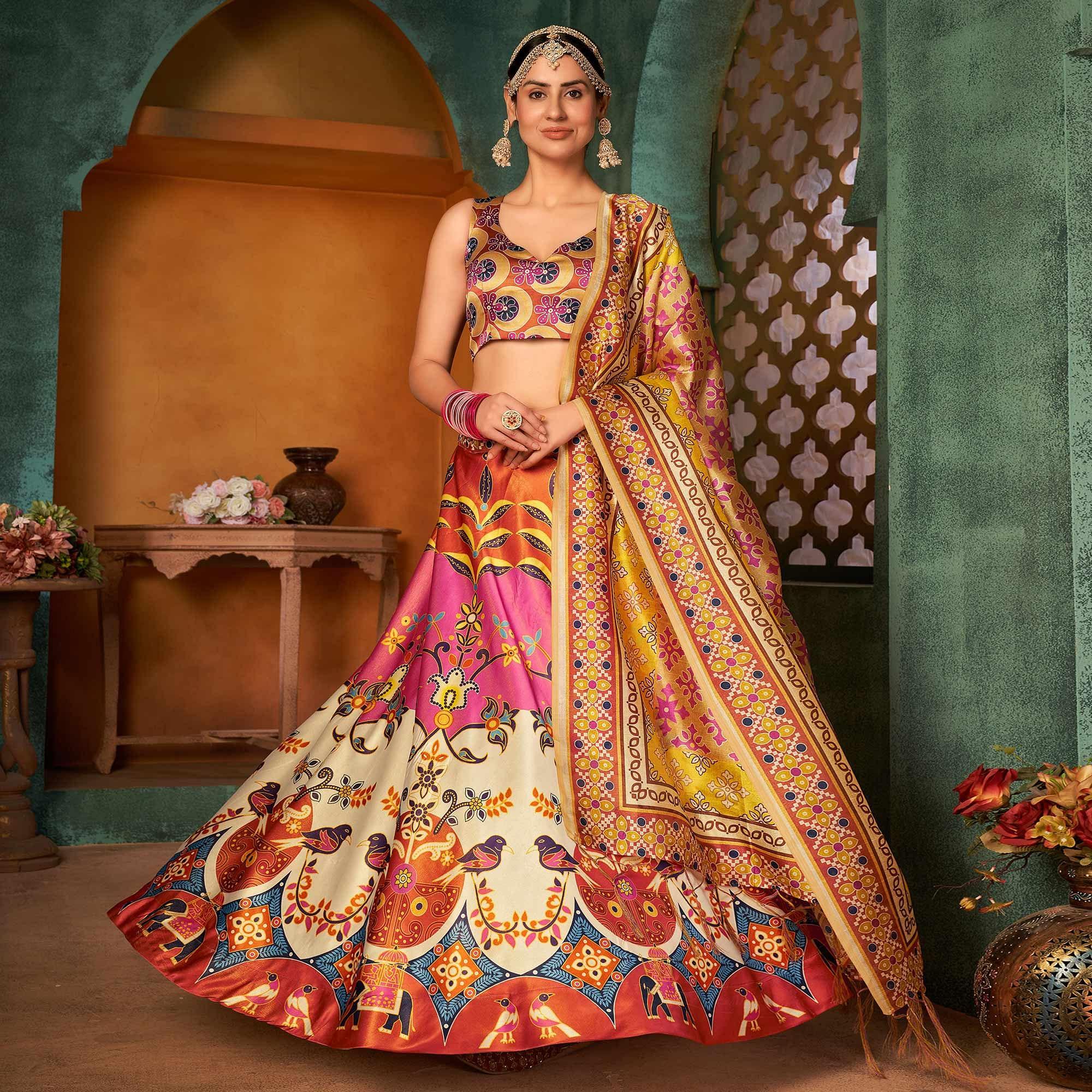 Multi Color Printed Pure Silk Lehenga Choli - Peachmode
