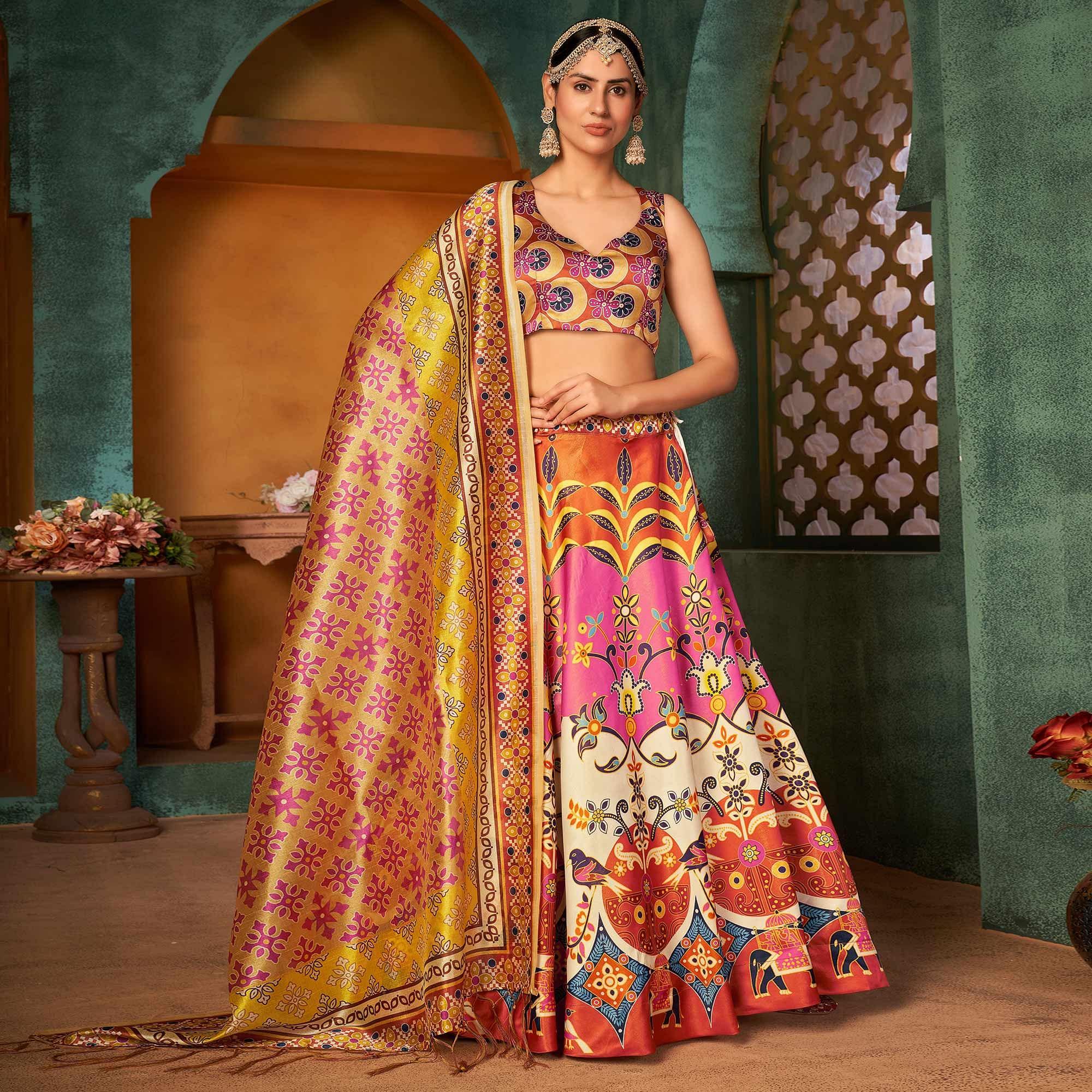 Multi Color Printed Pure Silk Lehenga Choli - Peachmode