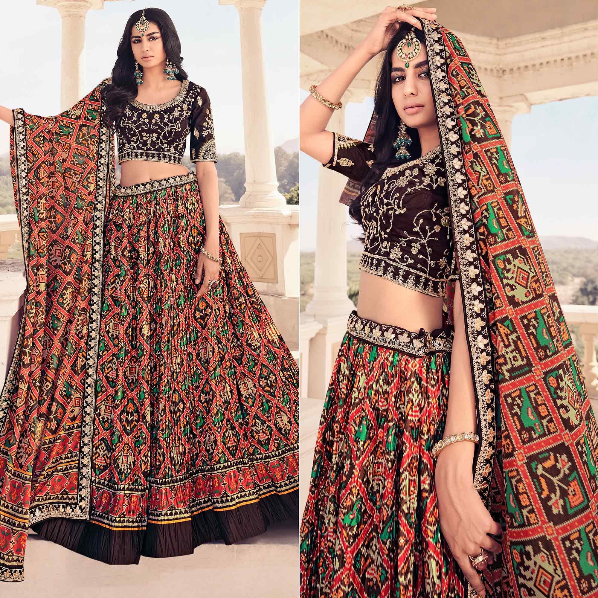 Multi Festive Wear Satin Digital Floral Printed Lehenga Choli - Peachmode