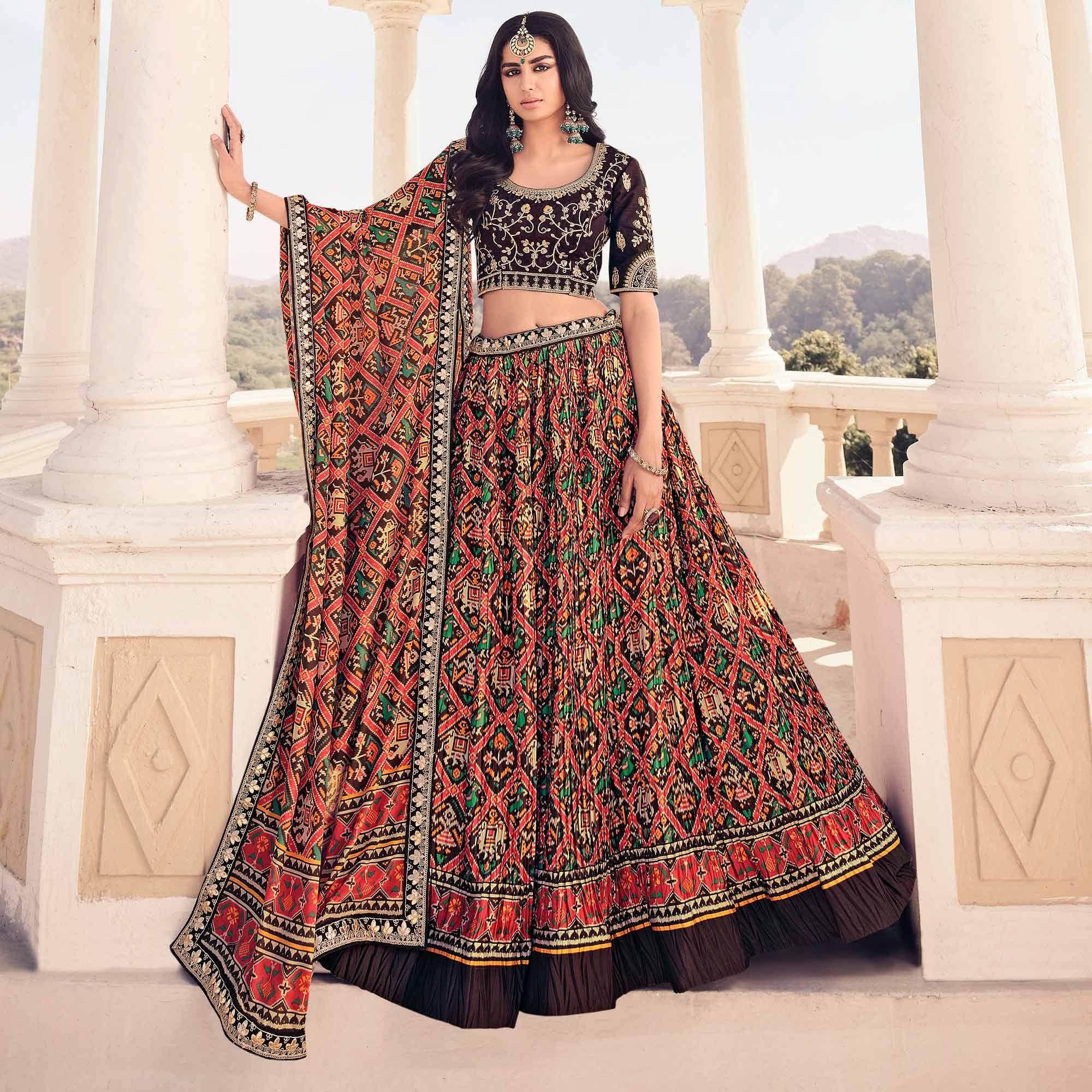 Multi Festive Wear Satin Digital Floral Printed Lehenga Choli - Peachmode