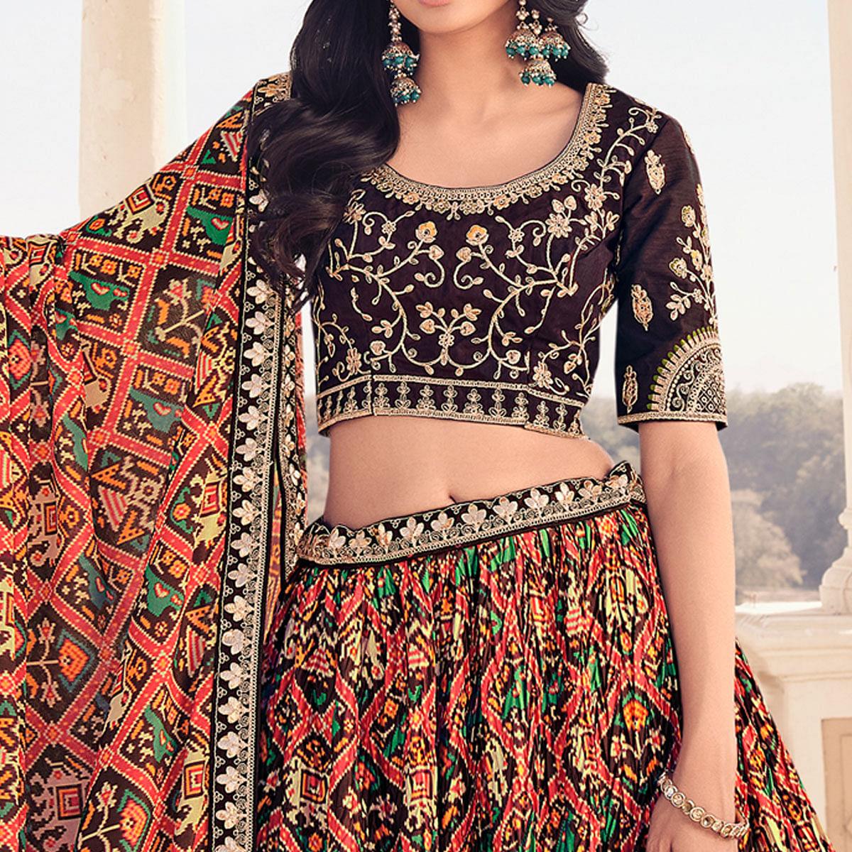 Multi Festive Wear Satin Digital Floral Printed Lehenga Choli - Peachmode