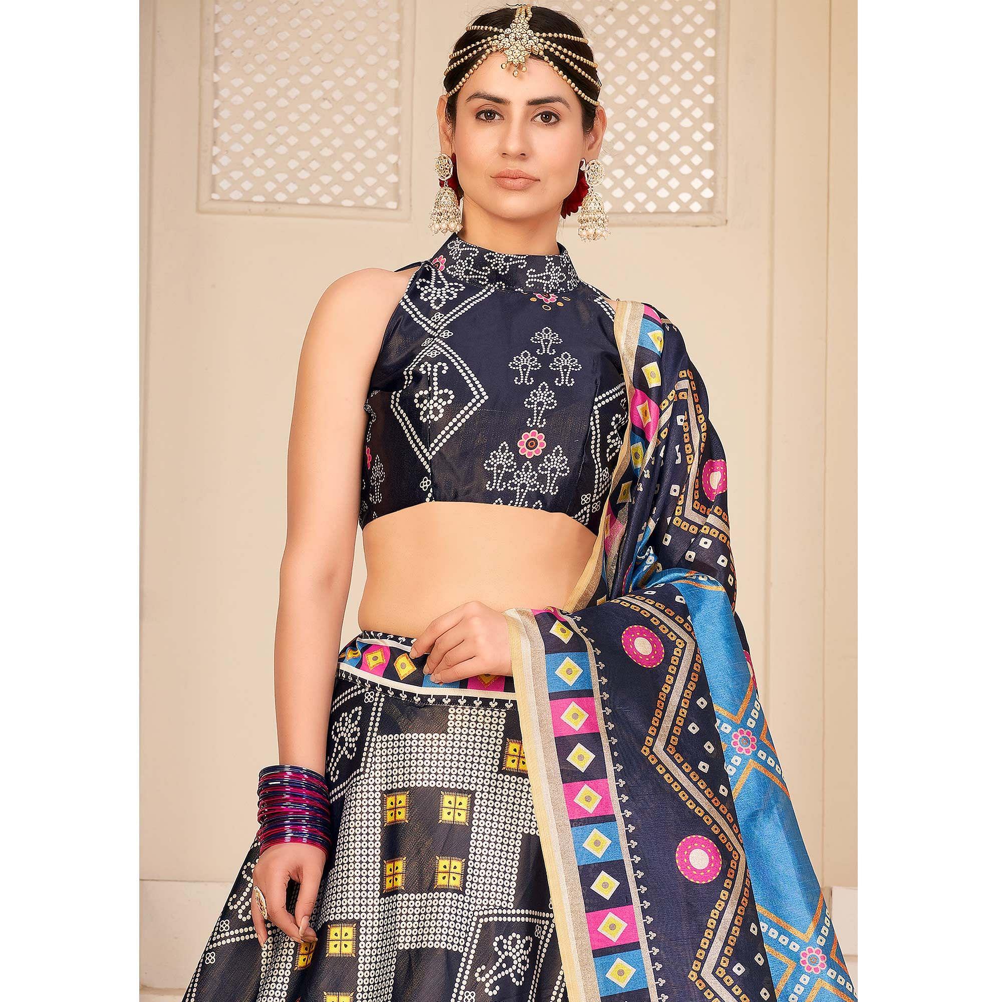 Multi Party Wear Digital Printed Silk Lehenga Choli - Peachmode