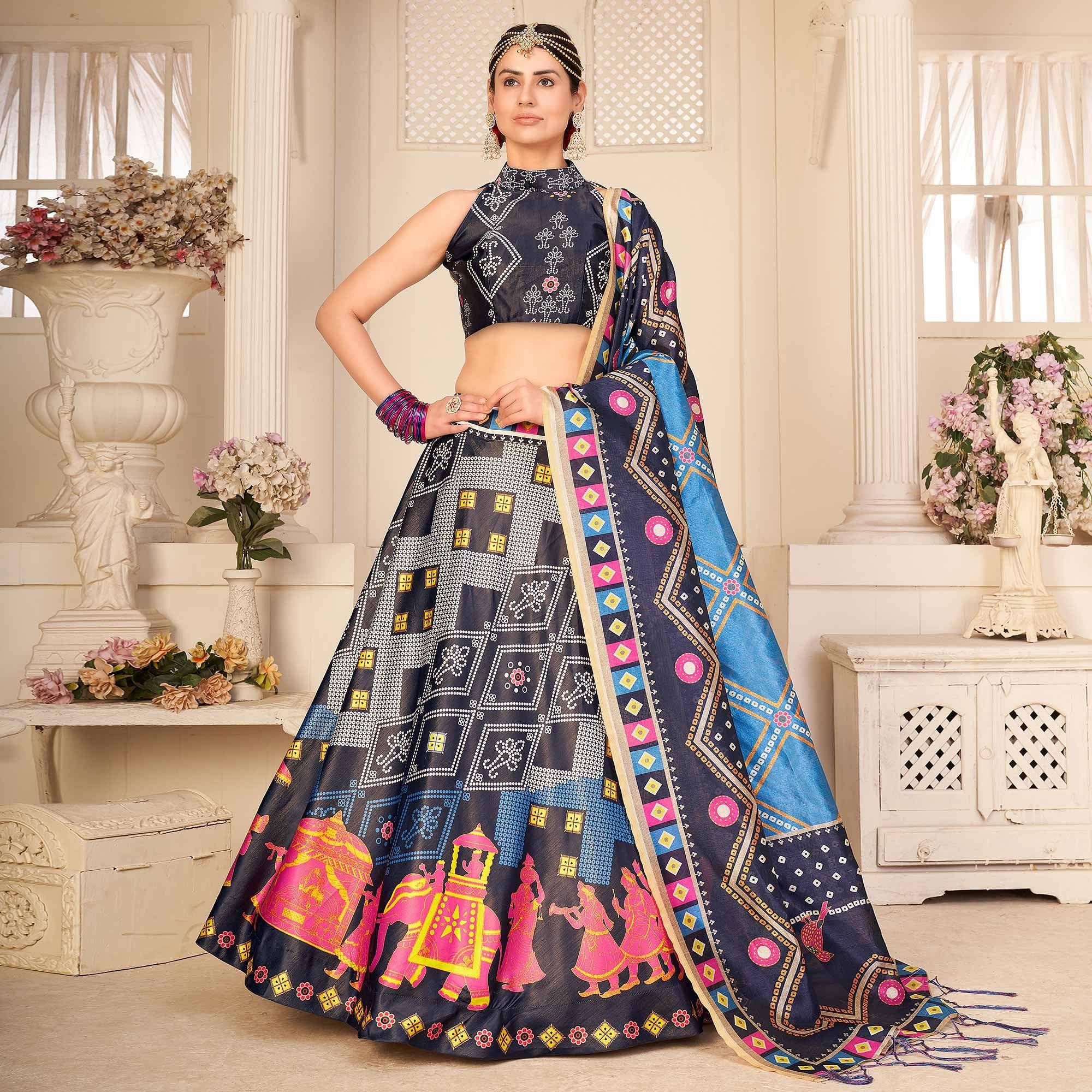 Multi Party Wear Digital Printed Silk Lehenga Choli - Peachmode