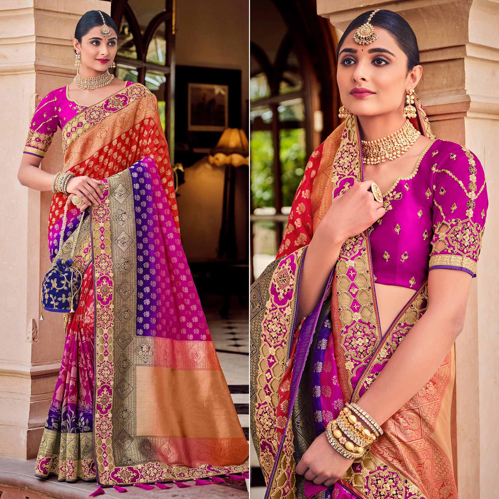 Multi Party Wear Woven-Embroidered Silk Saree - Peachmode