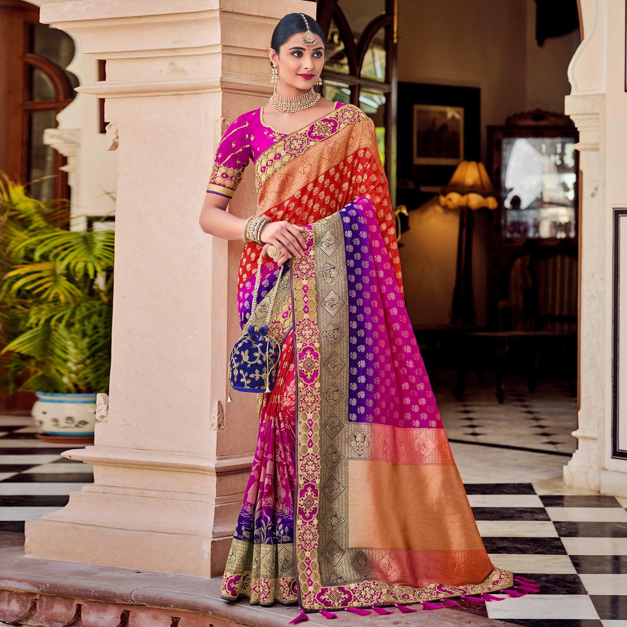 Multi Party Wear Woven-Embroidered Silk Saree - Peachmode