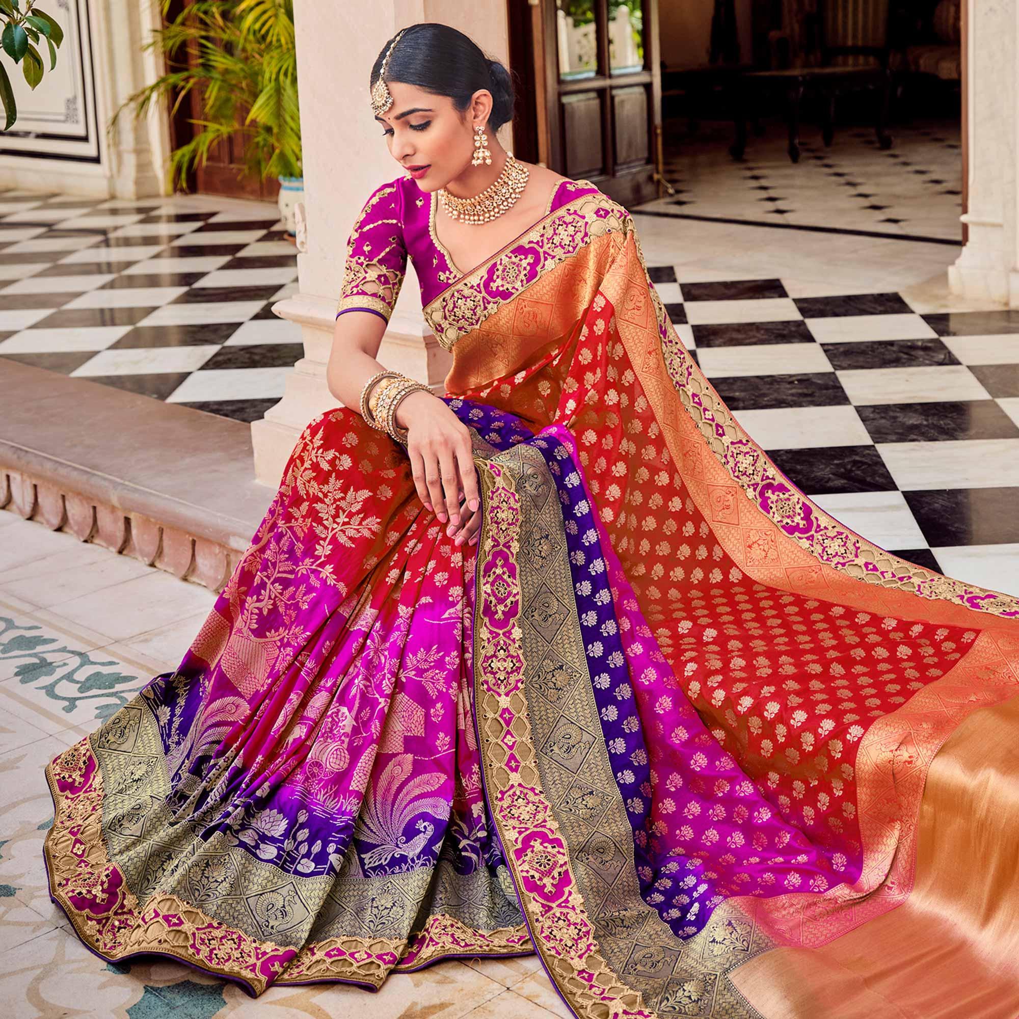 Multi Party Wear Woven-Embroidered Silk Saree - Peachmode