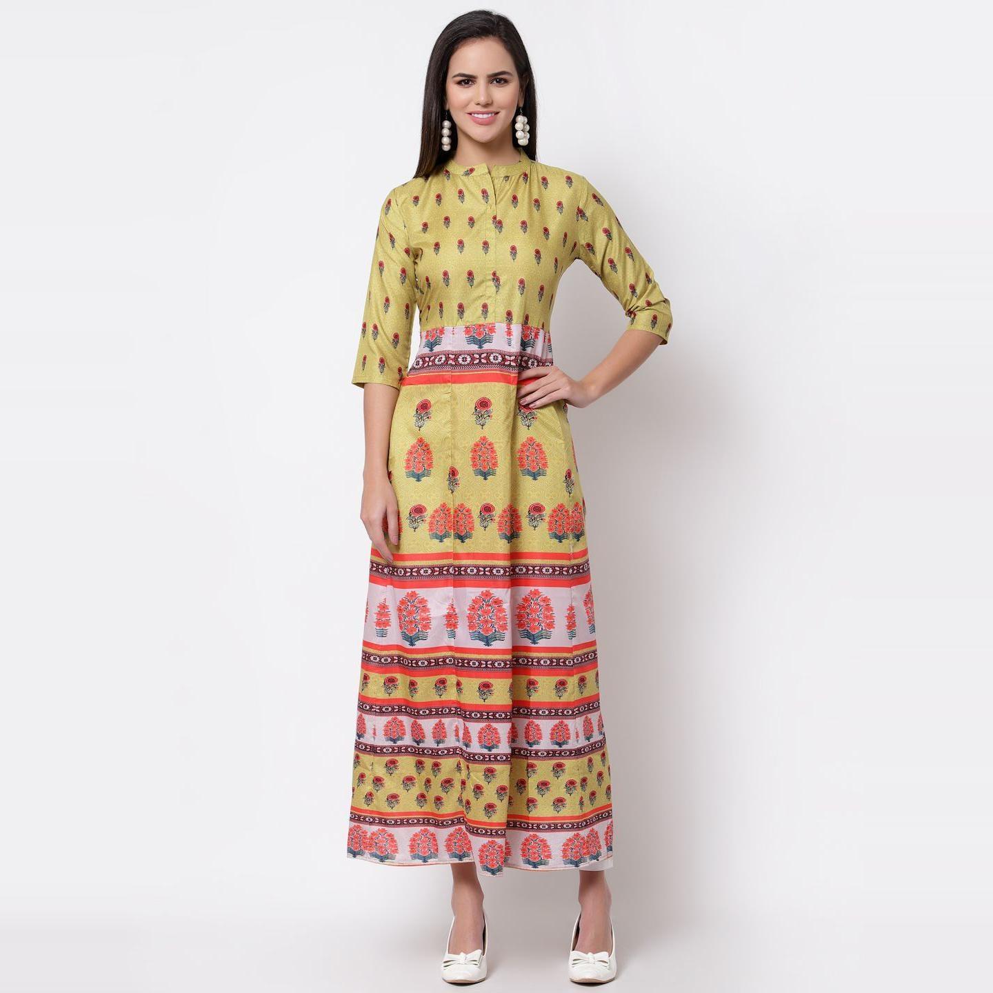Multicoilored Cotton Printed 3/4 Sleeve Mandarin Neck Casual Dress - Peachmode