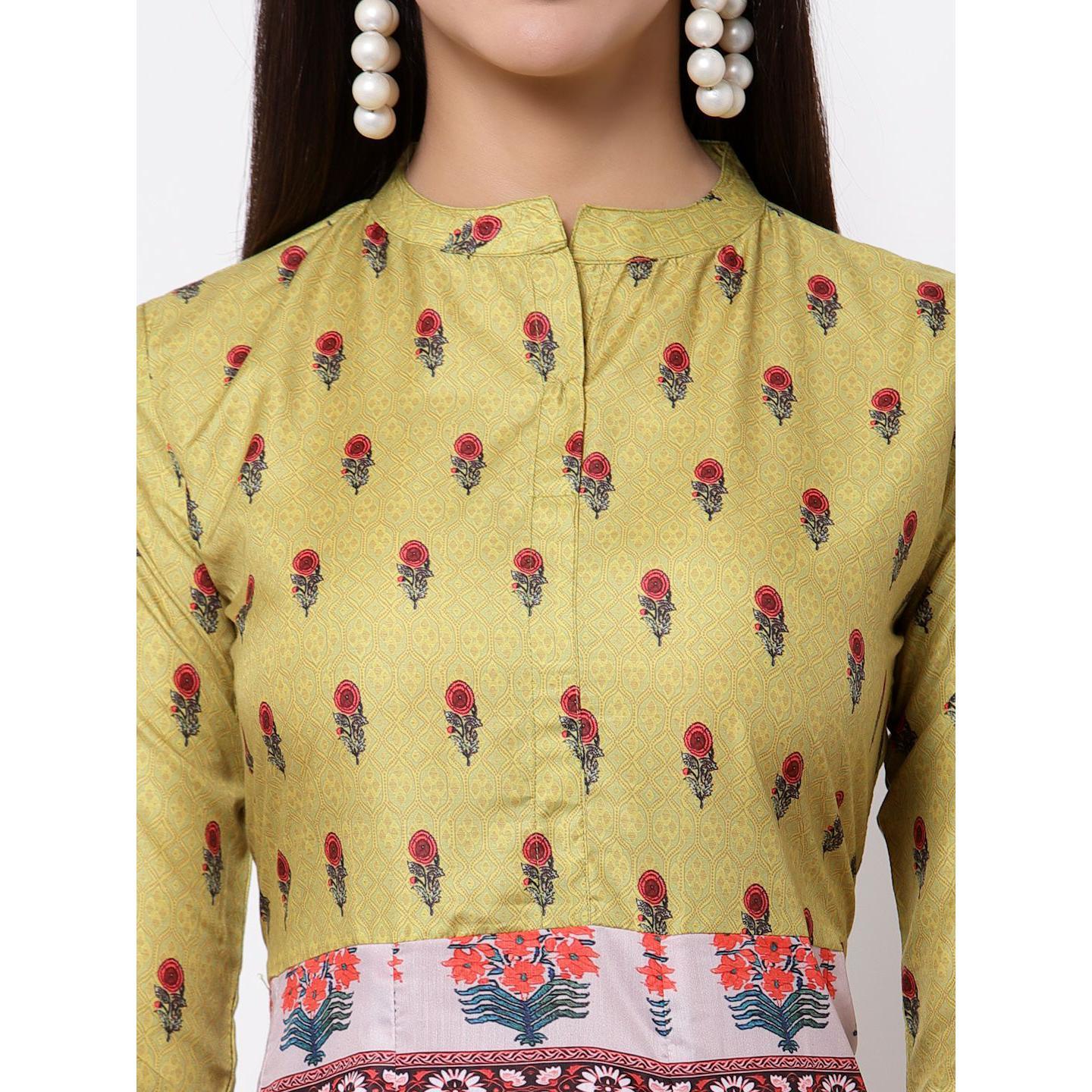 Multicoilored Cotton Printed 3/4 Sleeve Mandarin Neck Casual Dress - Peachmode