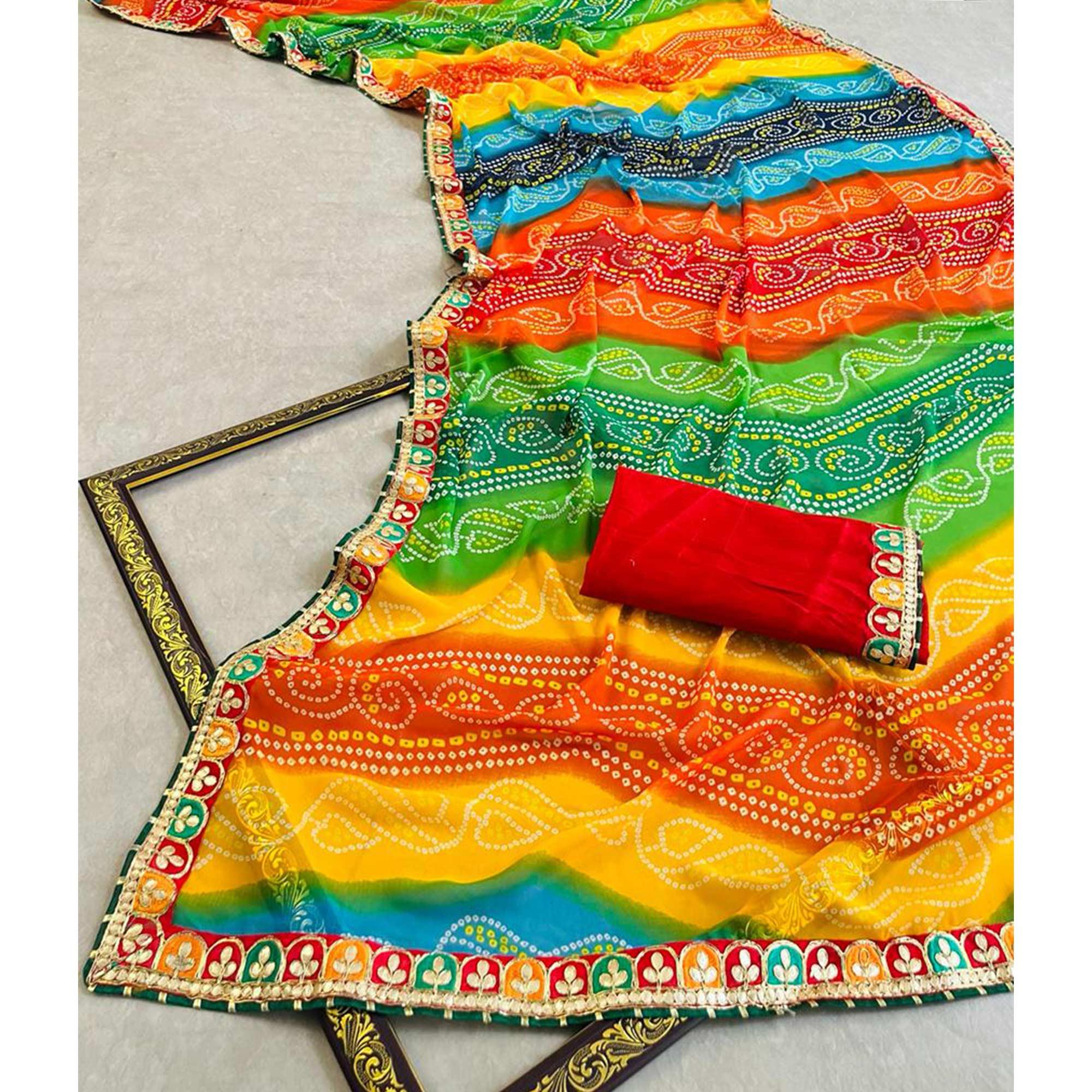 Multicolor Bandhani Printed Georgette Saree - Peachmode