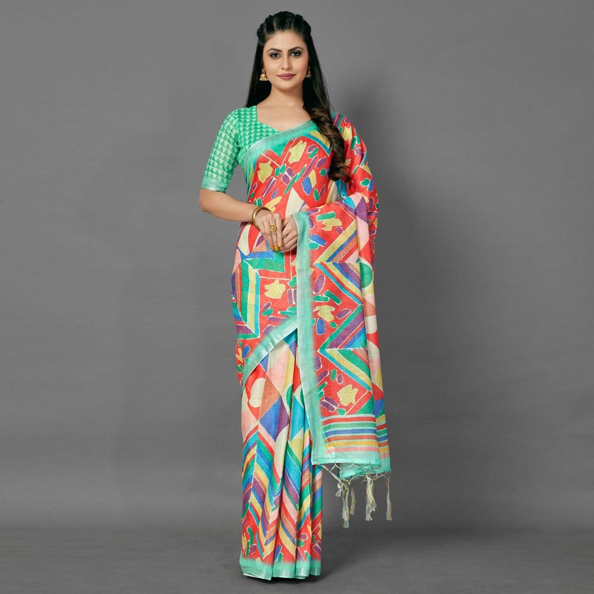 Multicolor Casual Pure Linen Digital Print Saree With Unstitched Blouse - Peachmode