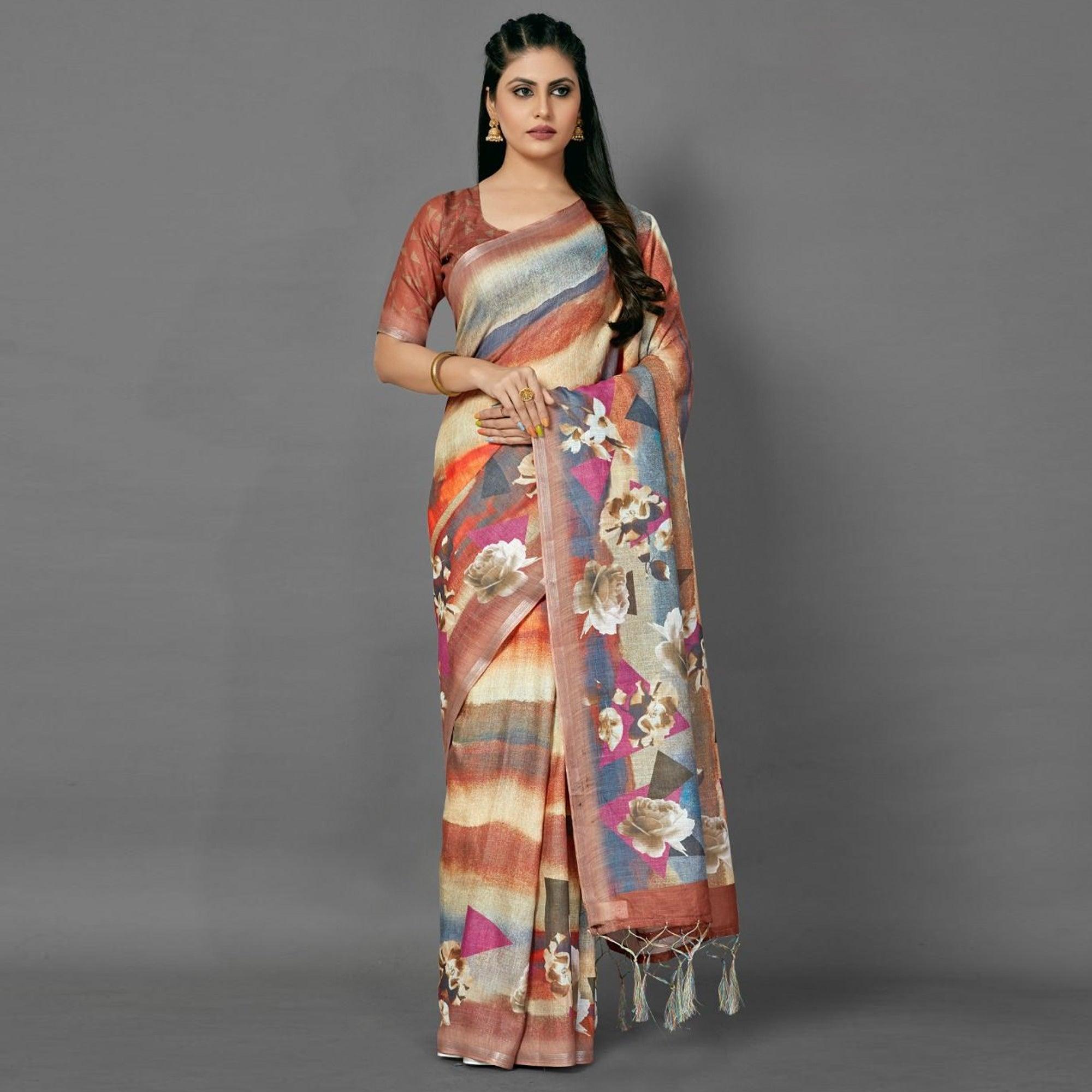 Multicolor Casual Pure Linen Digital Print Saree With Unstitched Blouse - Peachmode