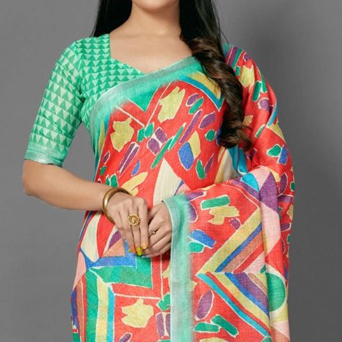 Multicolor Casual Pure Linen Digital Print Saree With Unstitched Blouse - Peachmode