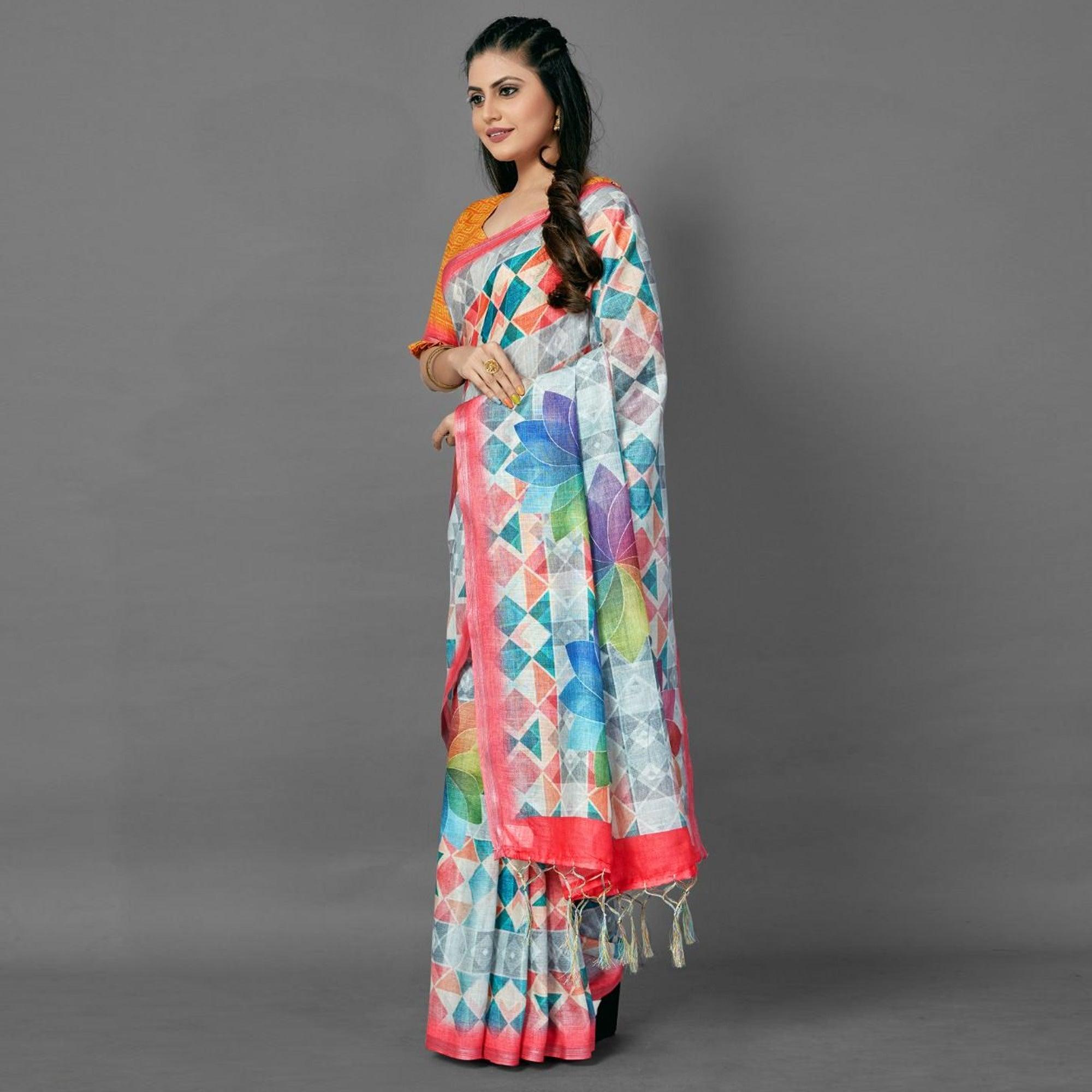 Multicolor Casual Pure Linen Digital Print Saree With Unstitched Blouse - Peachmode