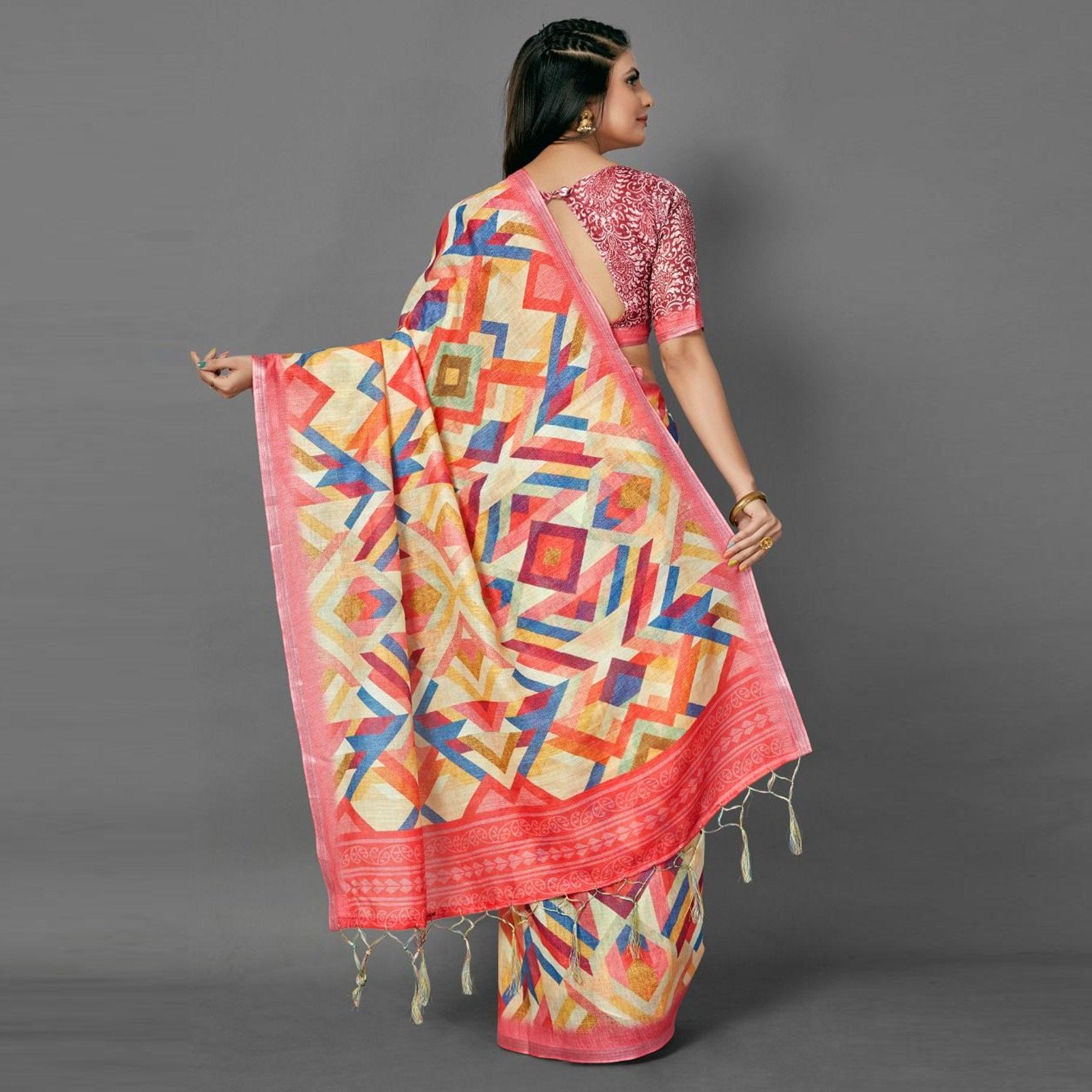 Multicolor Casual Pure Linen Digital Print Saree With Unstitched Blouse - Peachmode