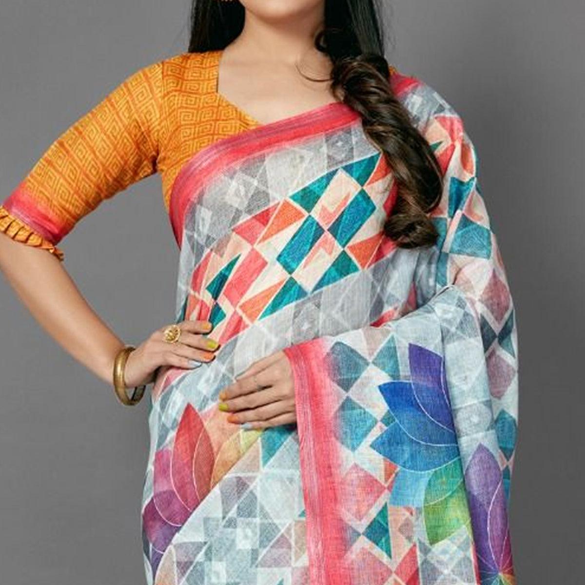 Multicolor Casual Pure Linen Digital Print Saree With Unstitched Blouse - Peachmode