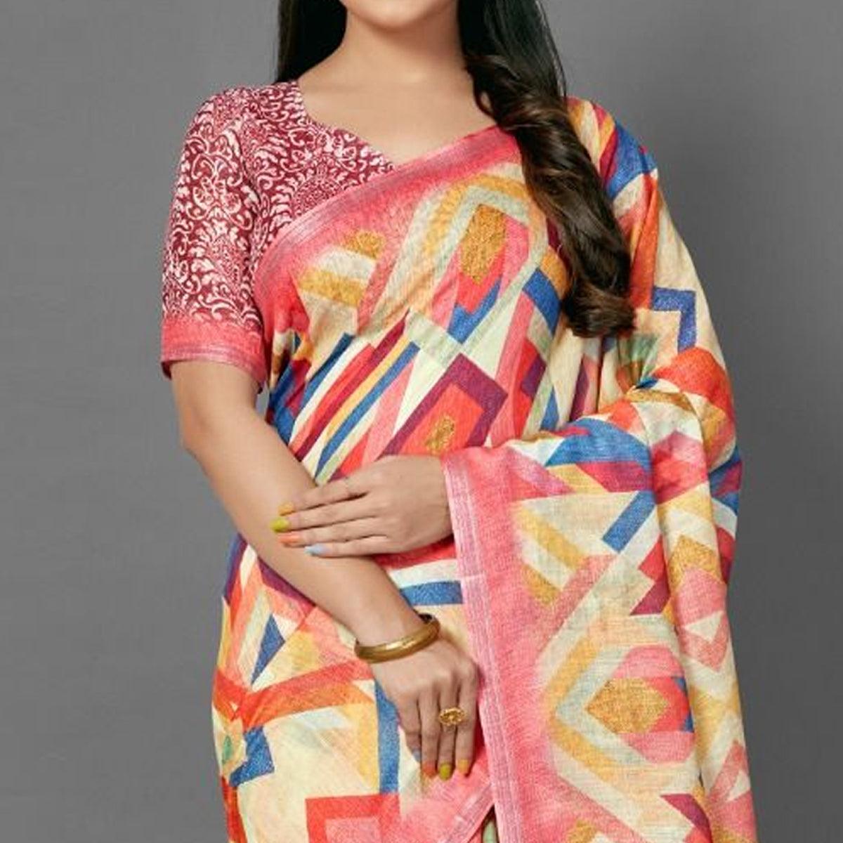 Multicolor Casual Pure Linen Digital Print Saree With Unstitched Blouse - Peachmode