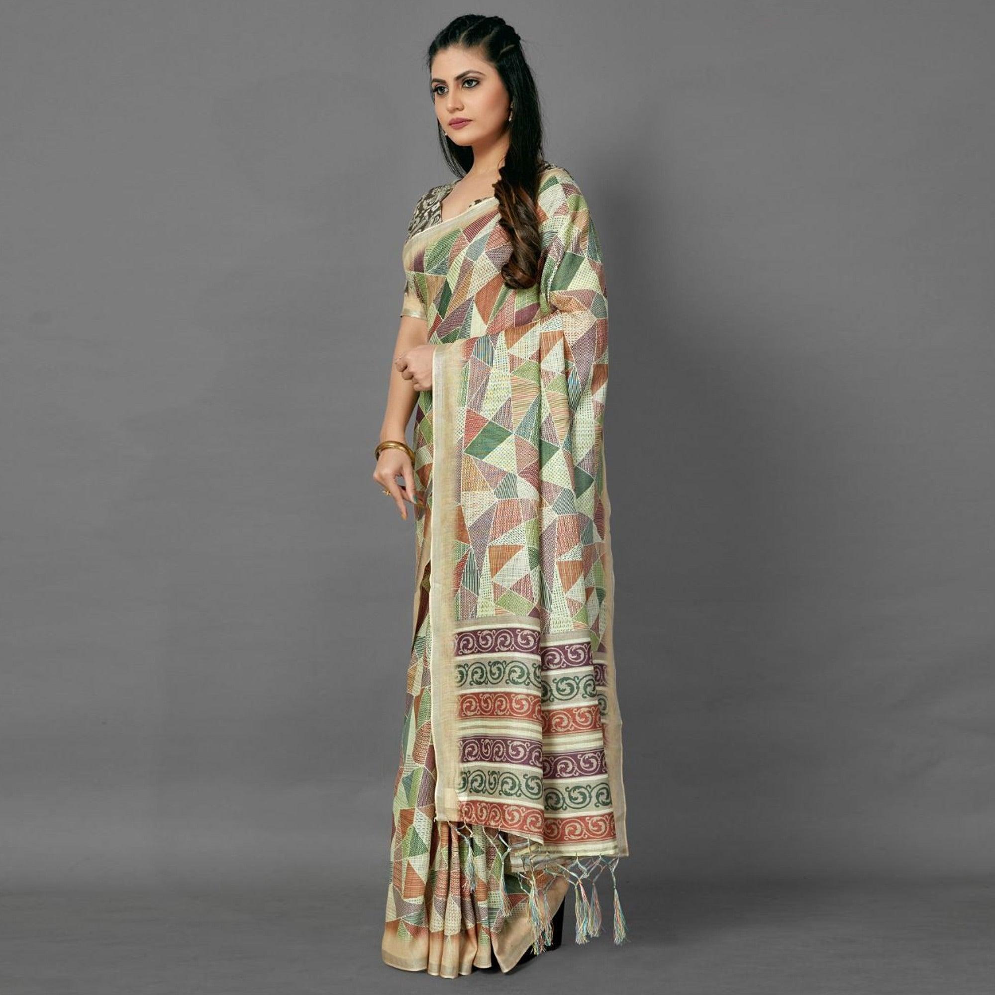 Multicolor Casual Pure Linen Digital Print Saree With Unstitched Blouse - Peachmode