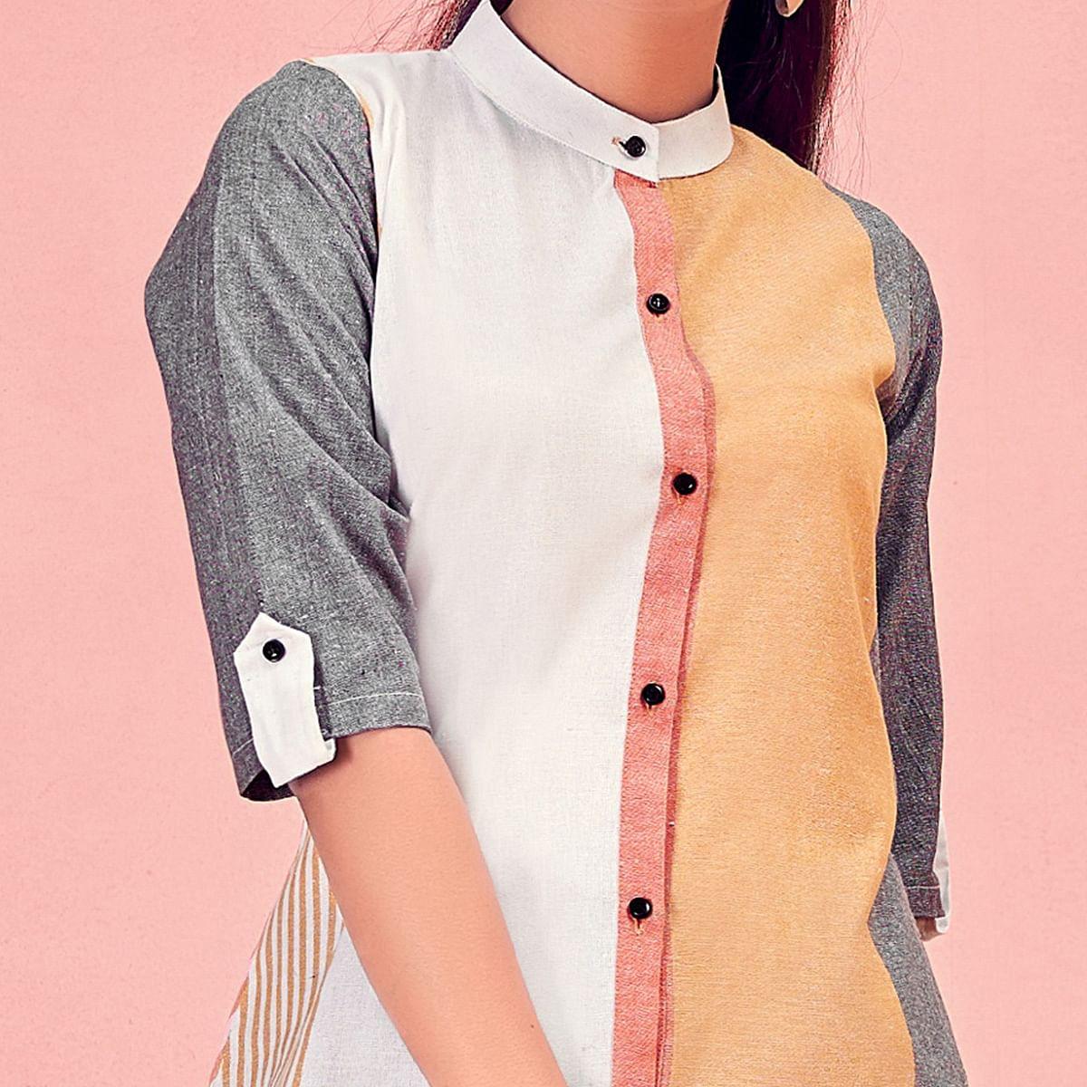 Multicolor Casual Wear Designer Stripes Pure Khadi Western Tunics Shirt - Peachmode