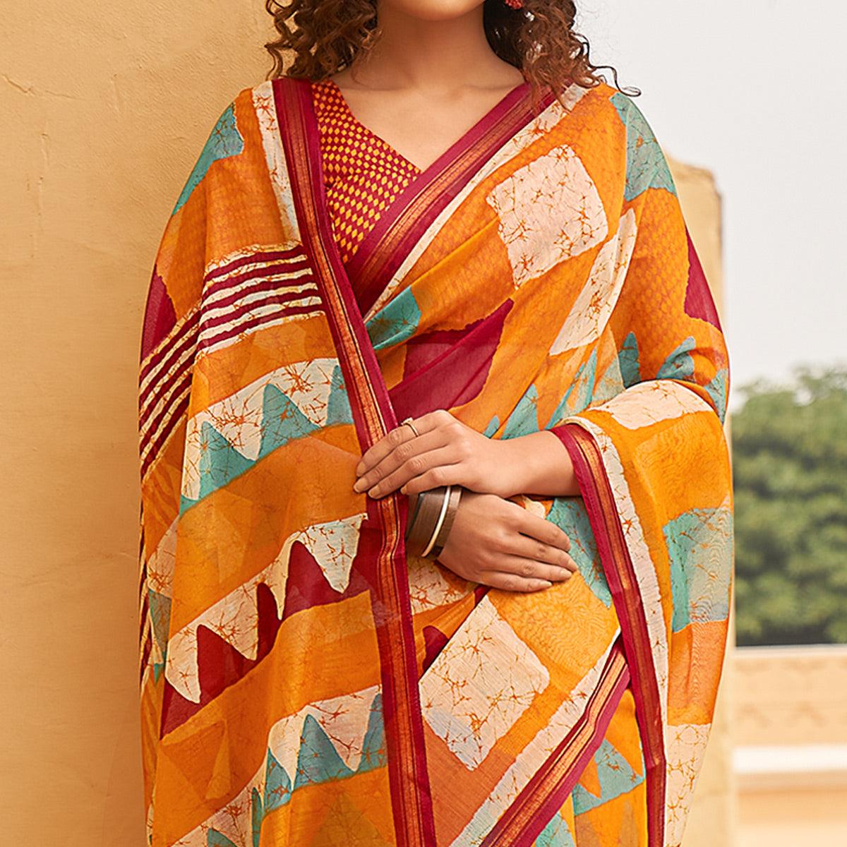 Multicolor Casual Wear Fancy Printed Linen Saree - Peachmode