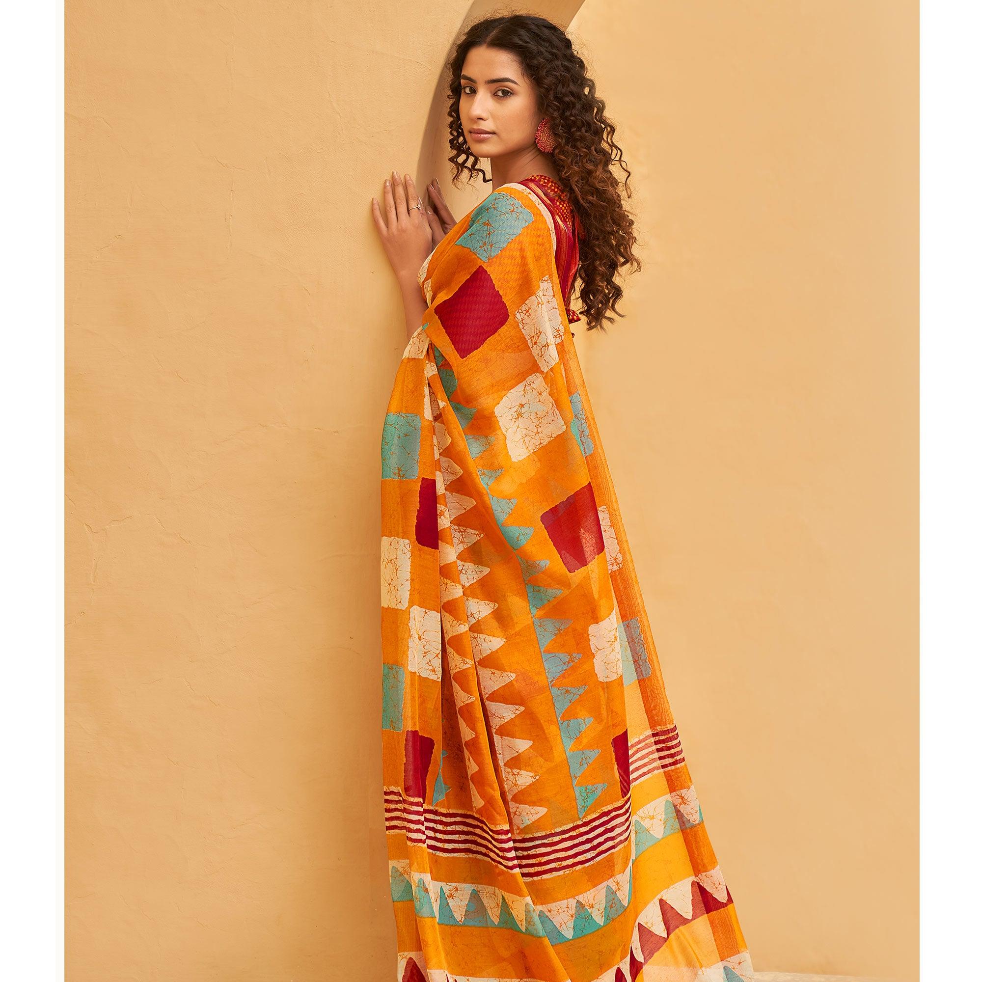 Multicolor Casual Wear Fancy Printed Linen Saree - Peachmode