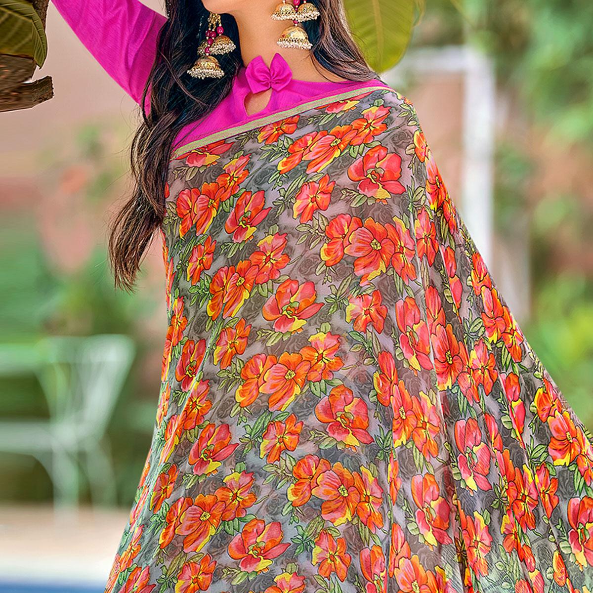 Multicolor Casual Wear Floral Printed Chiffon Saree - Peachmode