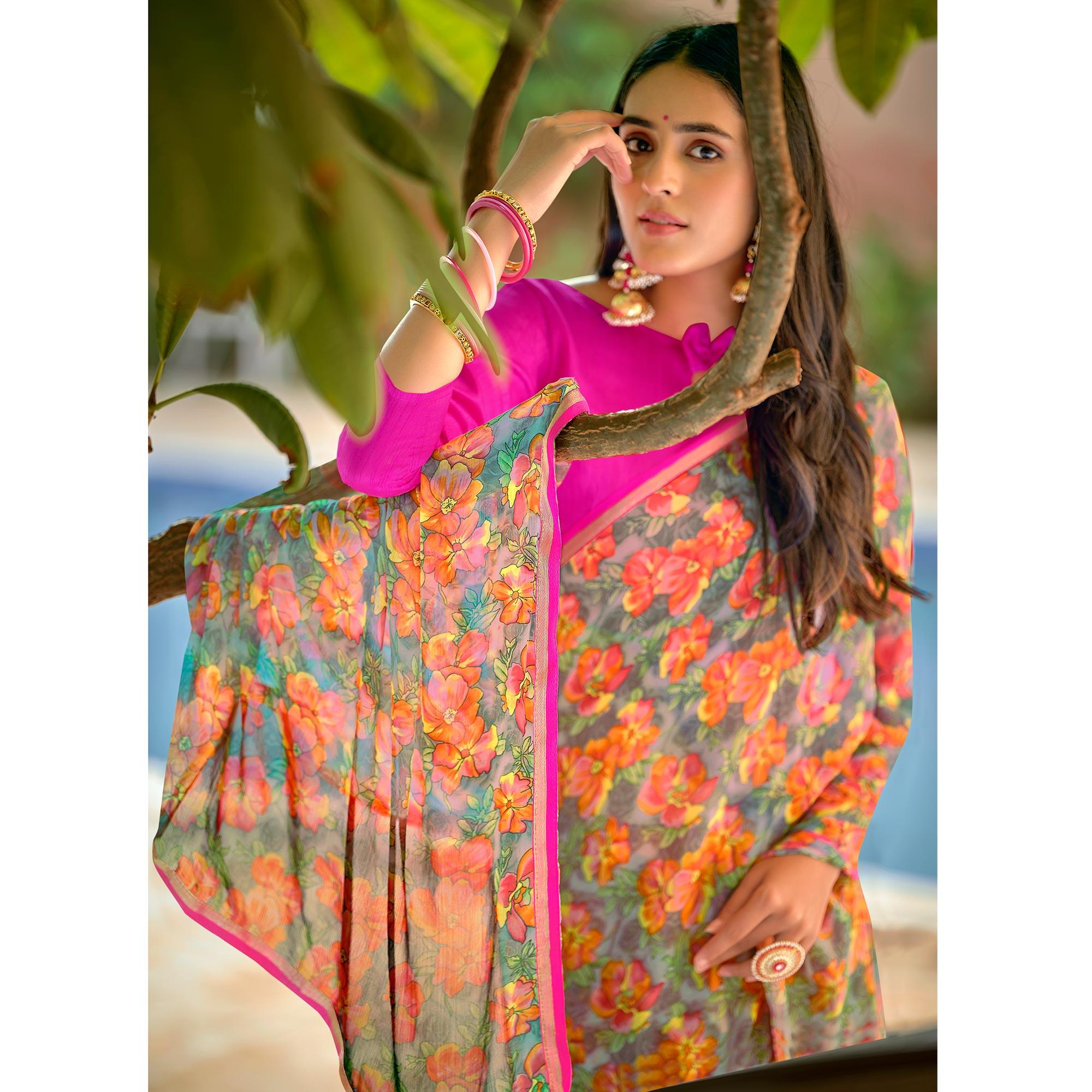 Multicolor Casual Wear Floral Printed Chiffon Saree - Peachmode
